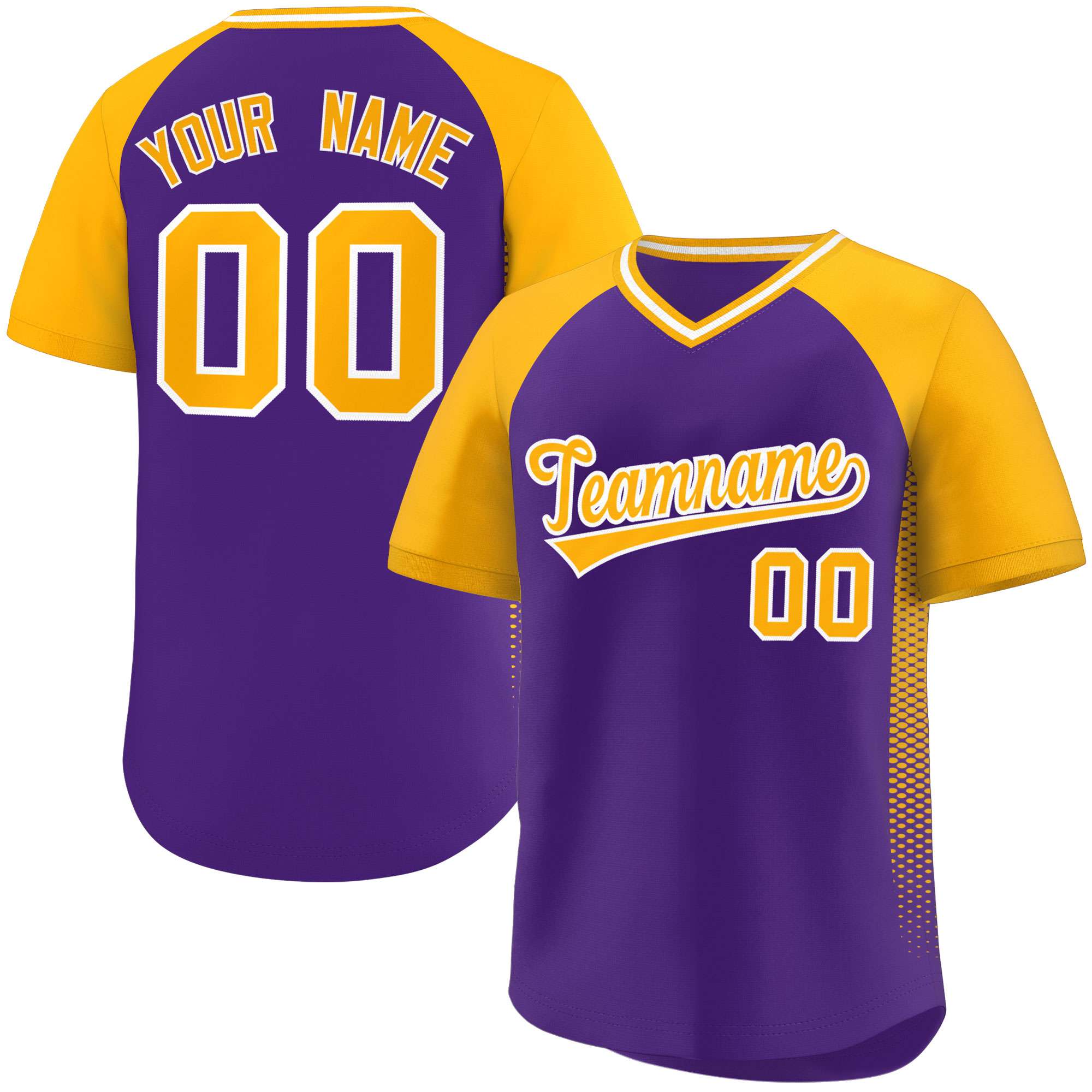 Custom Purple Gold Raglan Sleeves Side Spot Authentic Pullover Baseball Jersey