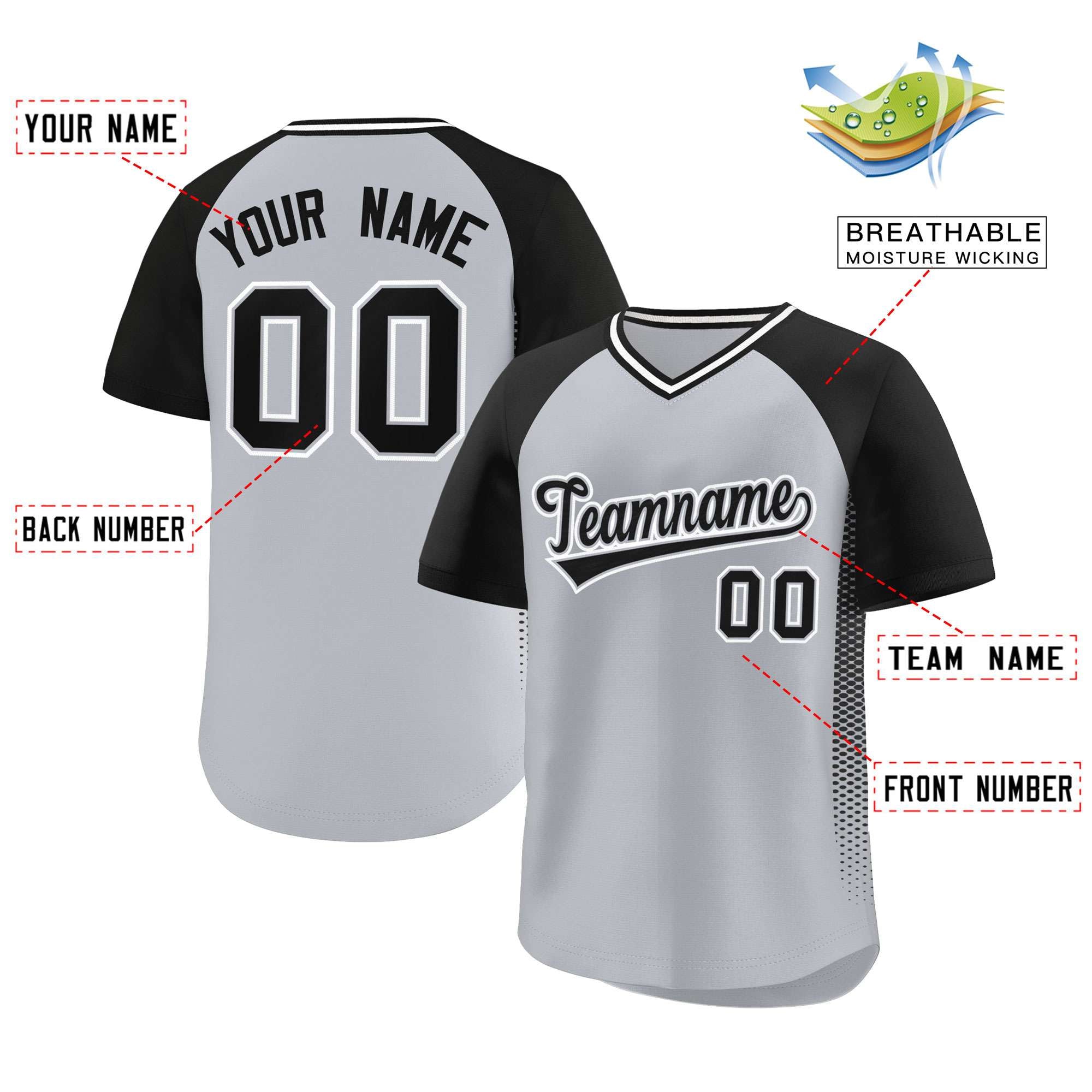 Custom Gray Black Raglan Sleeves Side Spot Authentic Pullover Baseball Jersey