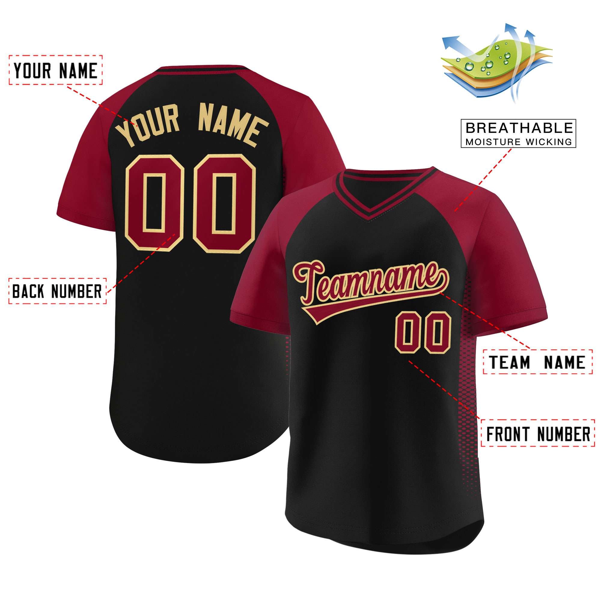 Custom Black Crimson Raglan Sleeves Side Spot Authentic Pullover Baseball Jersey