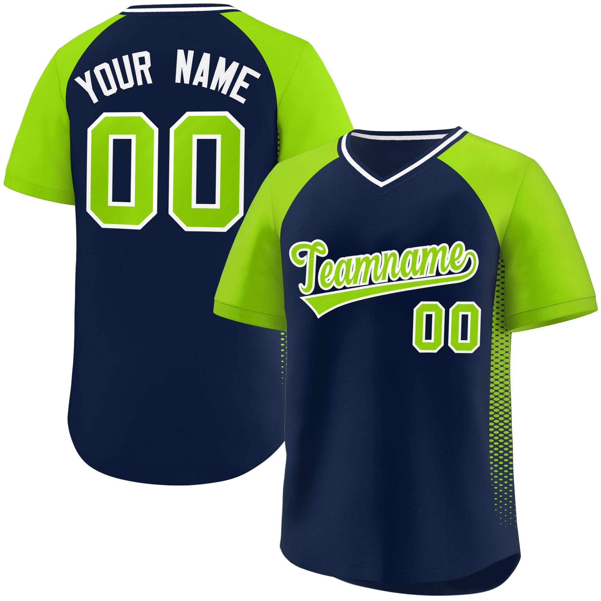 Custom Navy Neon Green Raglan Sleeves Side Spot Authentic Pullover Baseball Jersey