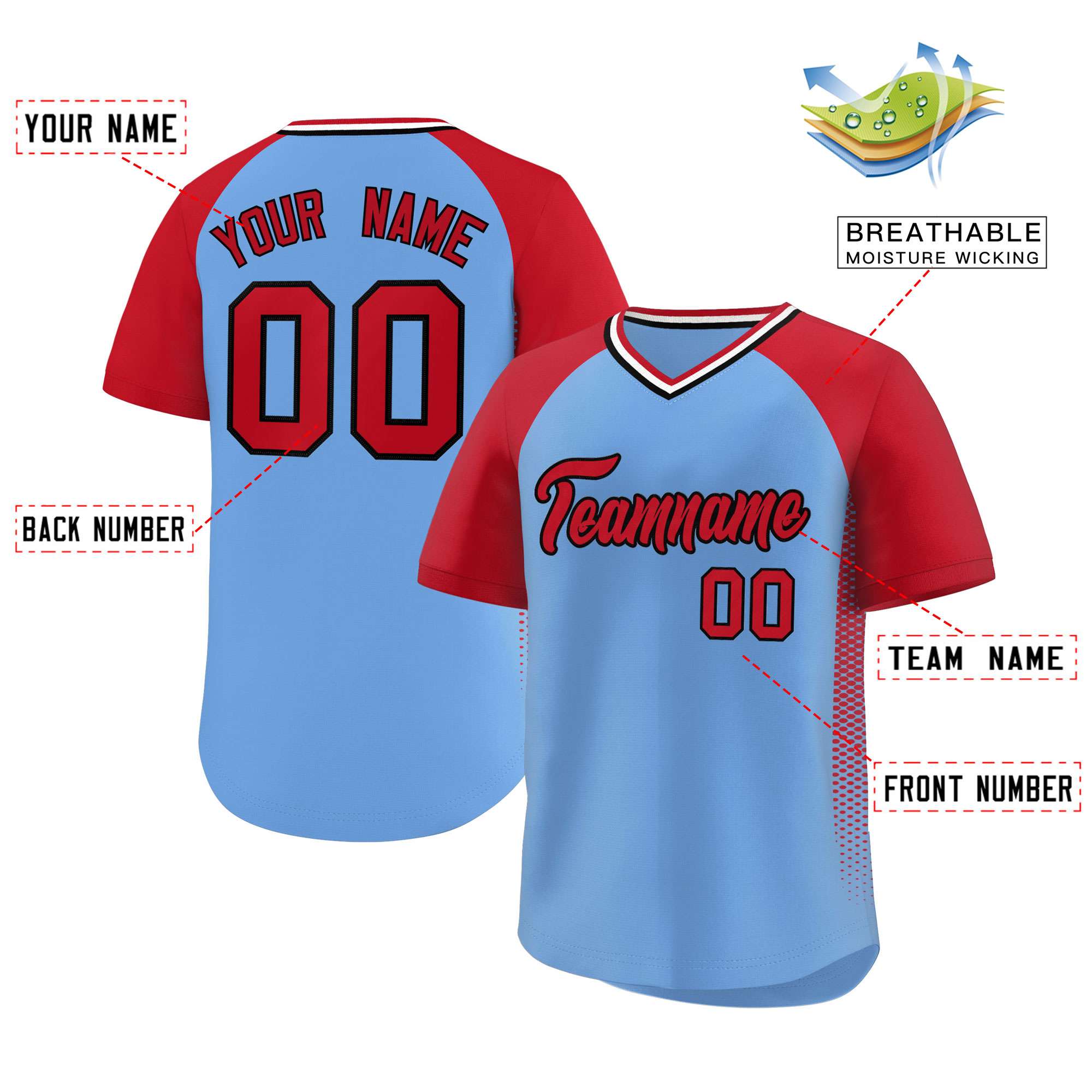 Custom Light Blue Red Raglan Sleeves Side Spot Authentic Pullover Baseball Jersey