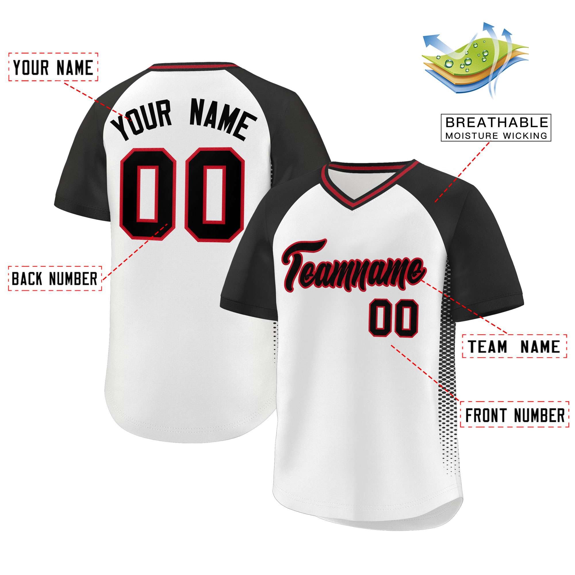 Custom White Black Raglan Sleeves Side Spot Authentic Pullover Baseball Jersey