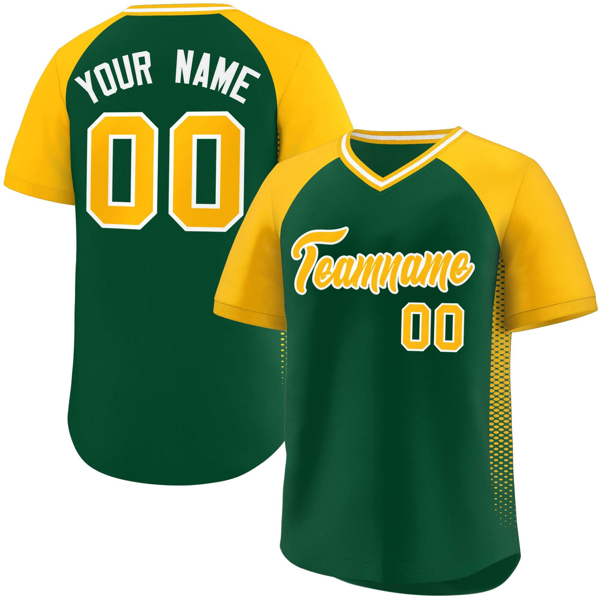 Custom Green Gold Raglan Sleeves Side Spot Authentic Pullover Baseball Jersey