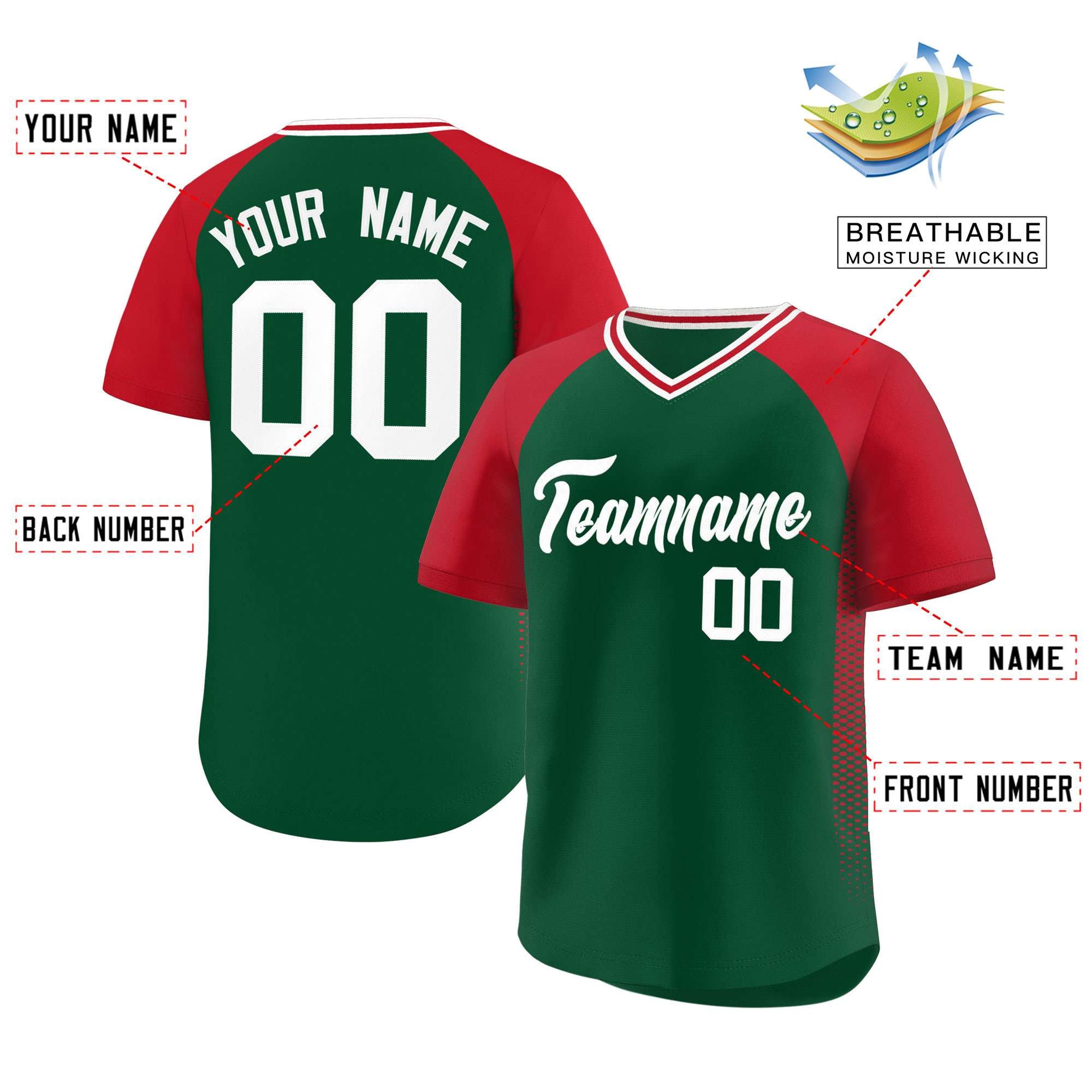 Custom Green Red Side Spot Raglan Sleeves Authentic Pullover Baseball Jersey