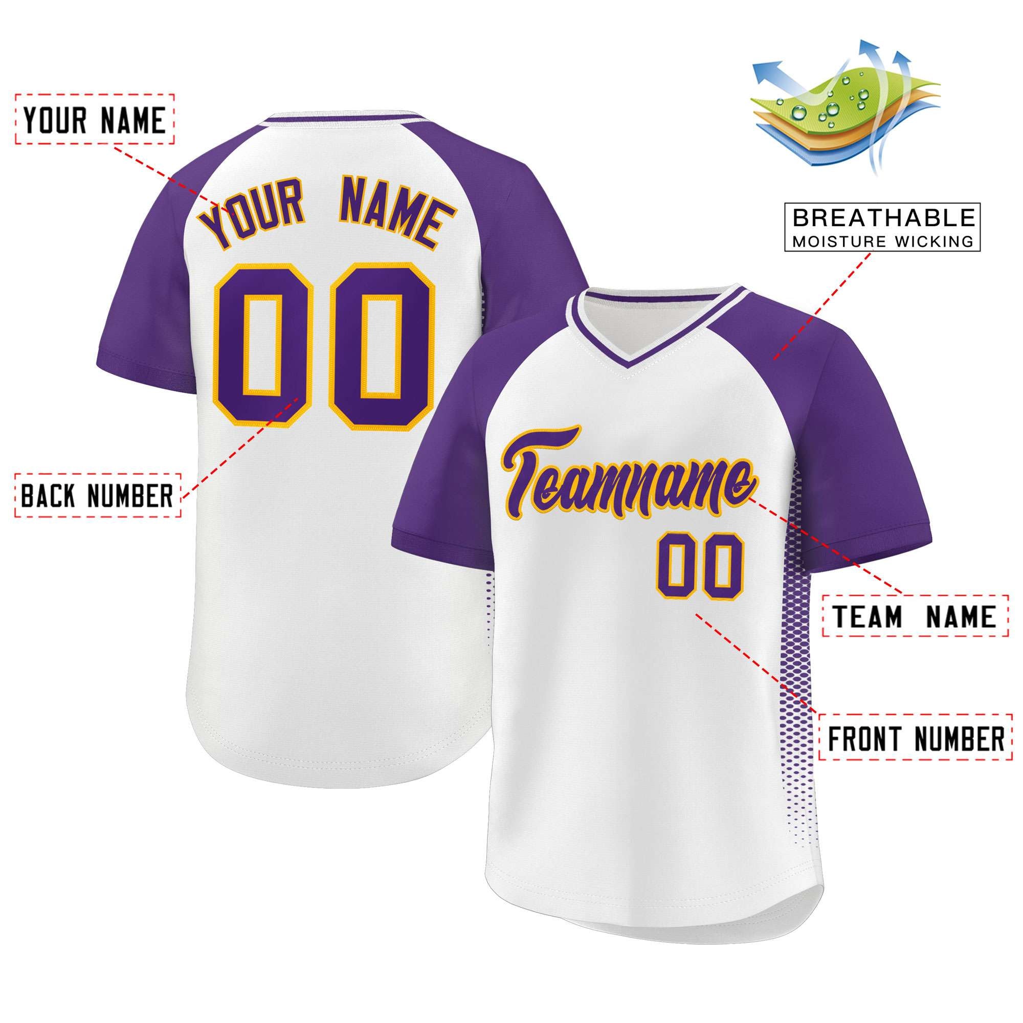 Custom White Purple Raglan Sleeves Side Spot Authentic Pullover Baseball Jersey