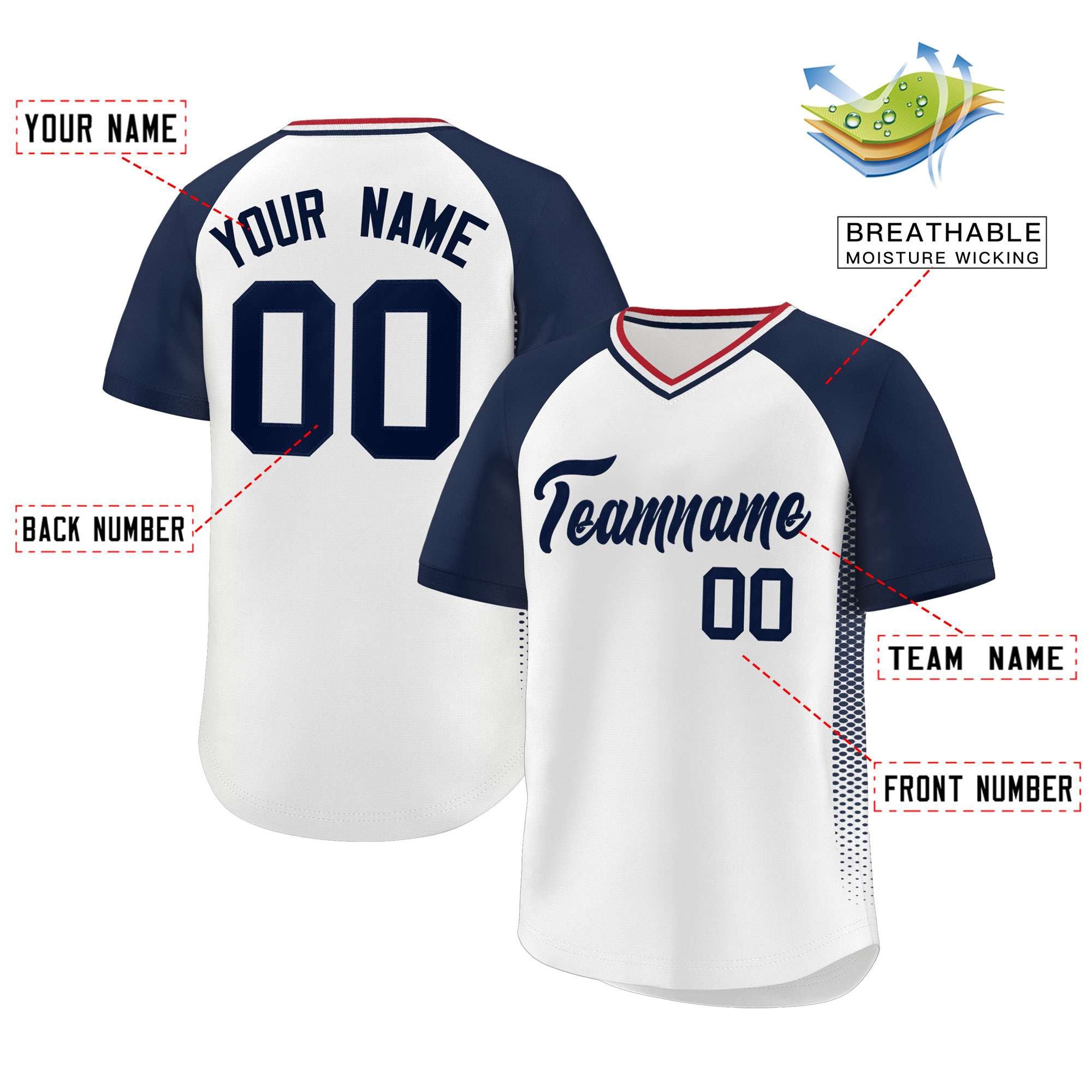 Custom White Navy Raglan Sleeves Side Spot Authentic Pullover Baseball Jersey