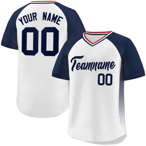 Custom White Navy Raglan Sleeves Side Spot Authentic Pullover Baseball Jersey