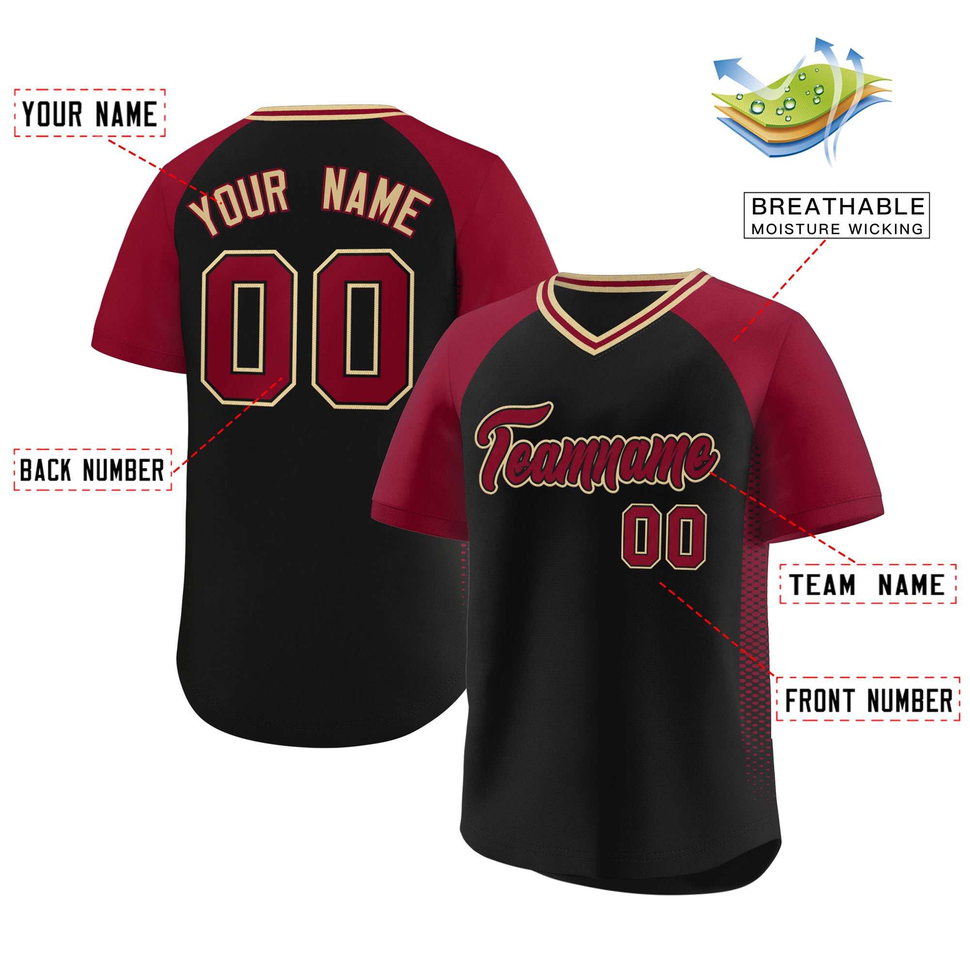 Custom Black Crimson Raglan Sleeves Side Spot Authentic Pullover Baseball Jersey