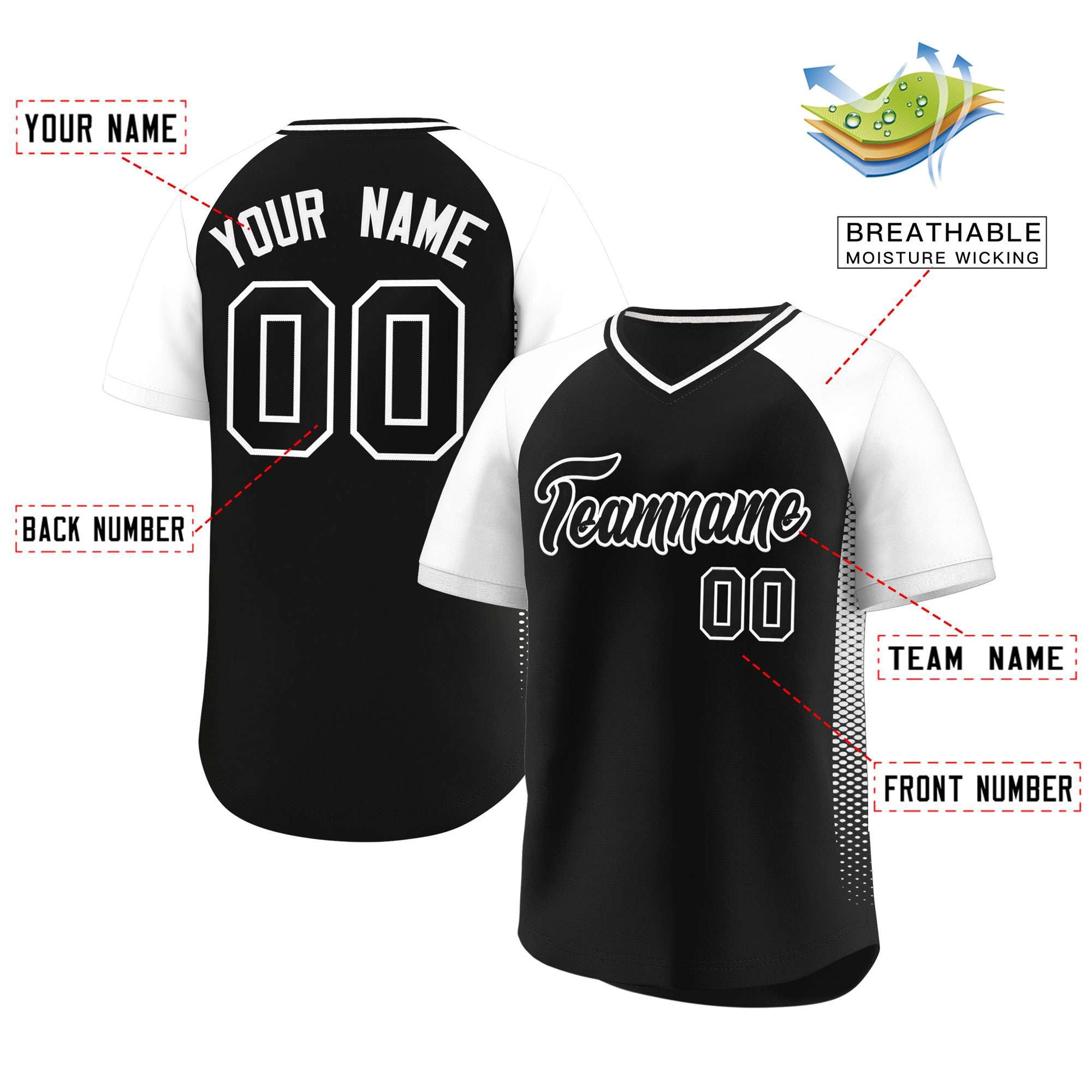 Custom Black White Raglan Sleeves Side Spot Authentic Pullover Baseball Jersey