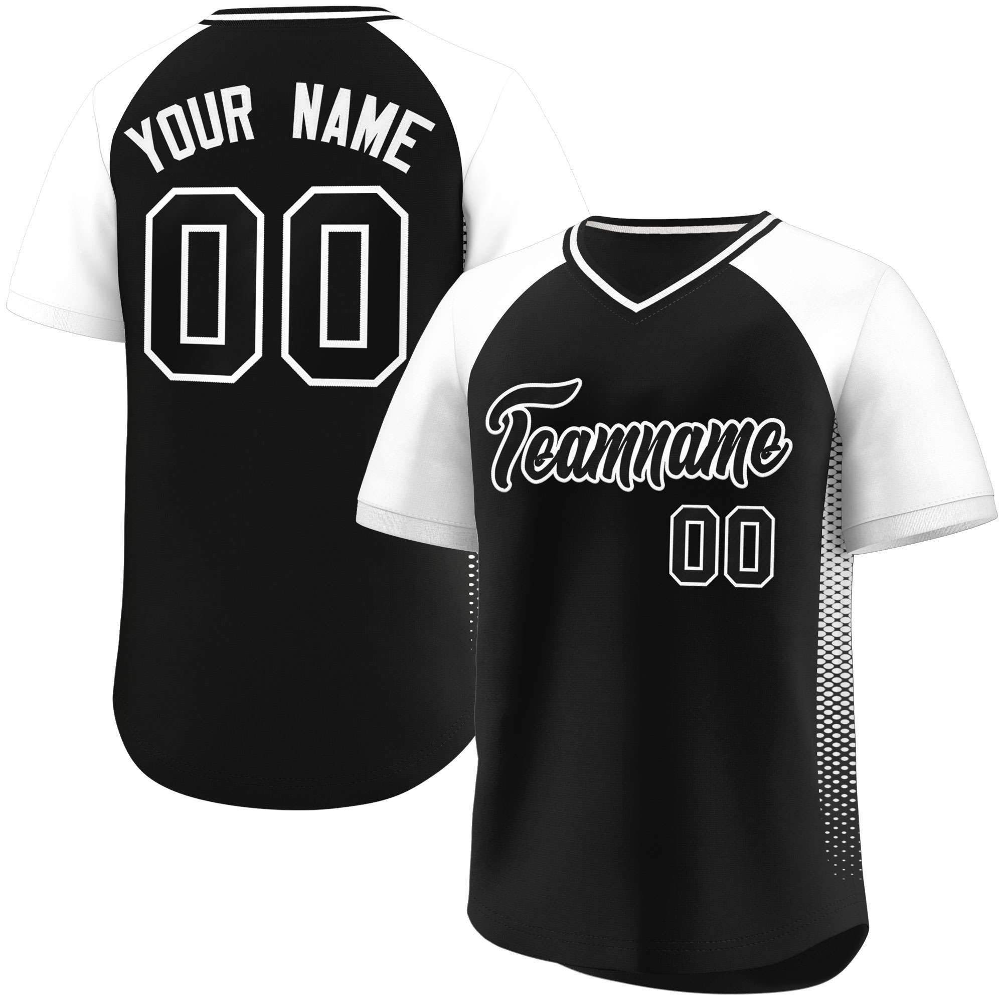 Custom Black White Raglan Sleeves Side Spot Authentic Pullover Baseball Jersey