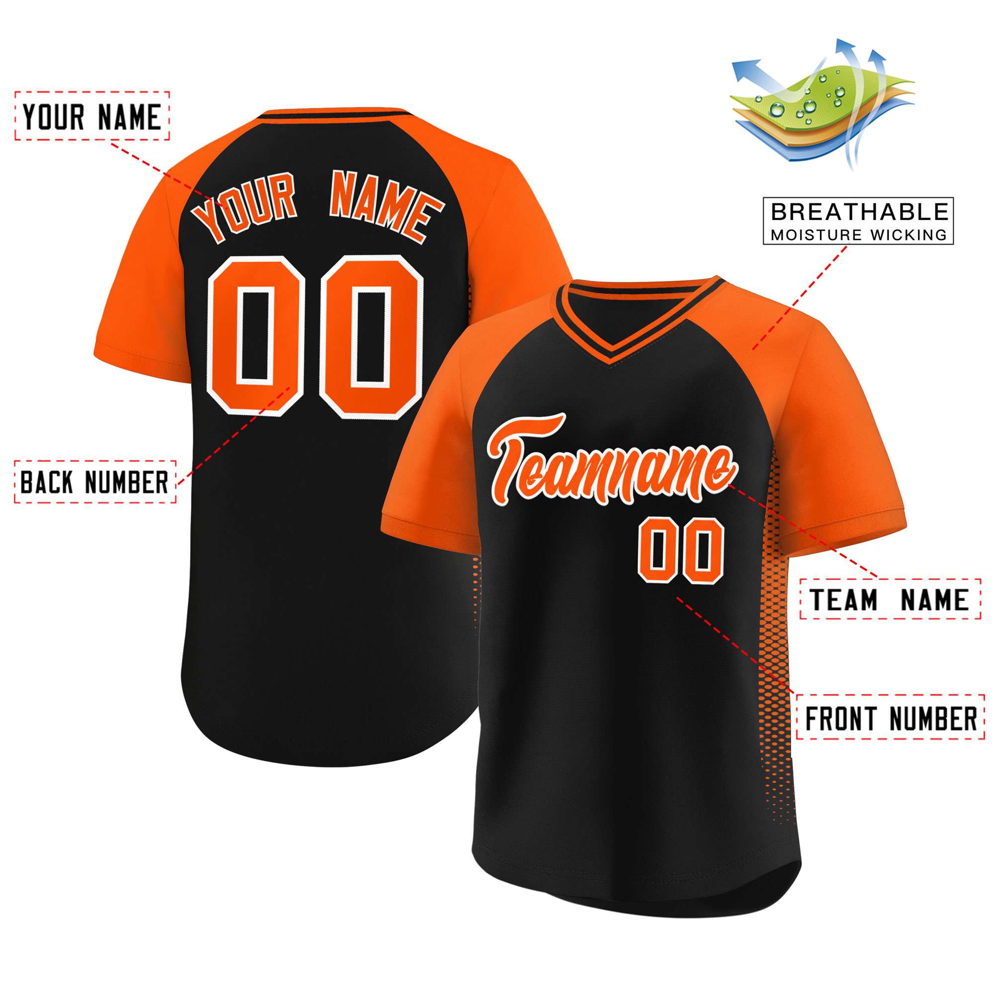 Custom Black Orange Raglan Sleeves Side Spot Authentic Pullover Baseball Jersey