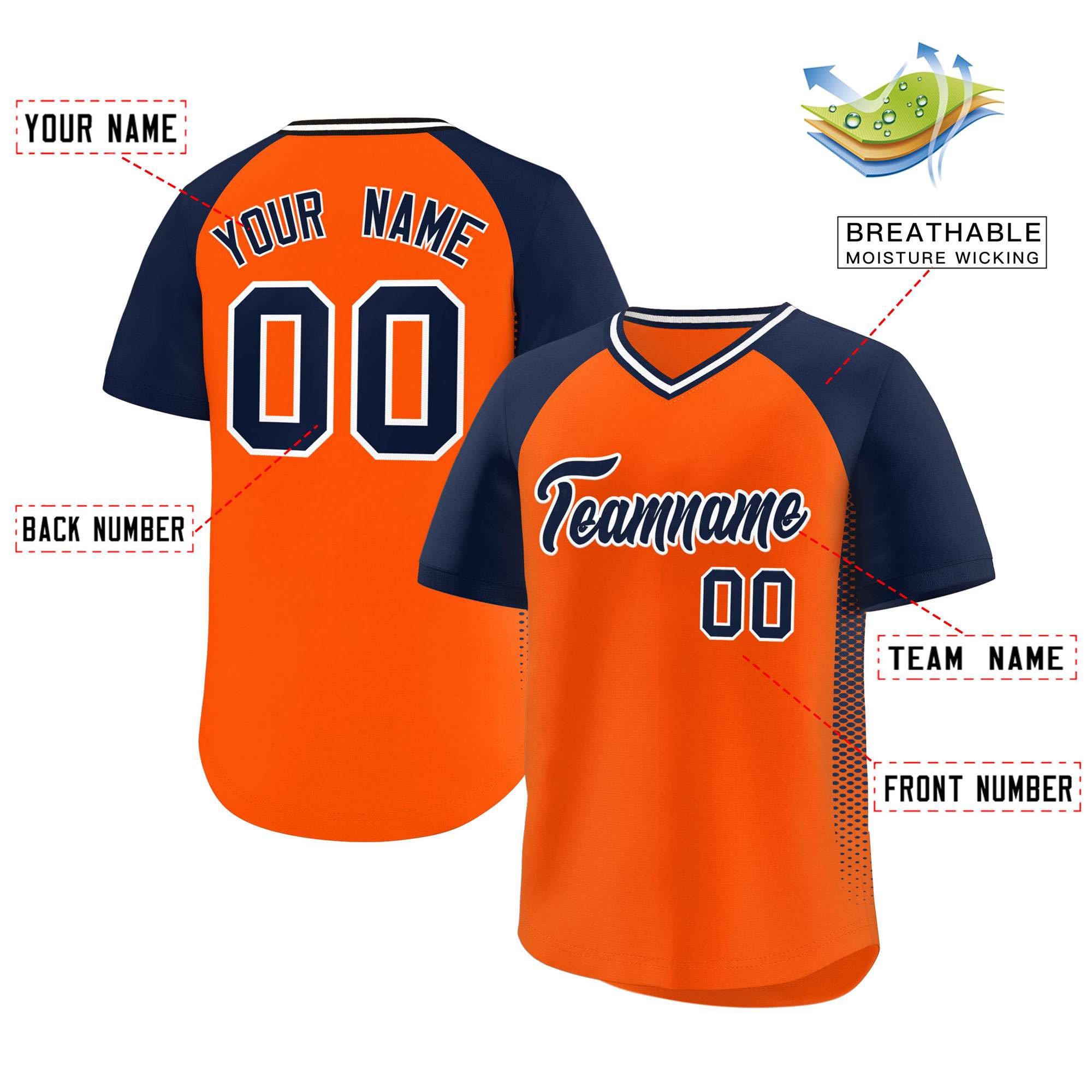 Custom Orange Navy Raglan Sleeves Side Spot Authentic Pullover Baseball Jersey