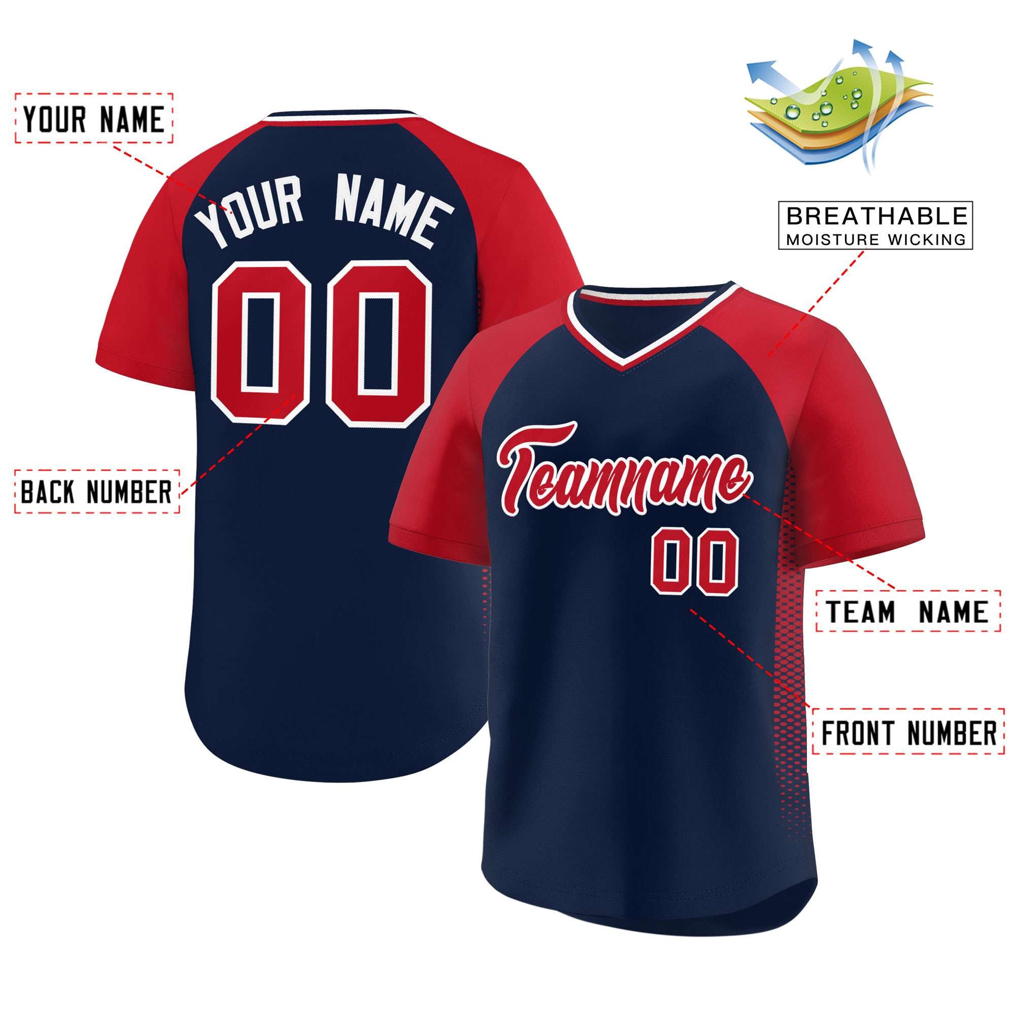 Custom Navy Red Raglan Sleeves Side Spot Authentic Pullover Baseball Jersey