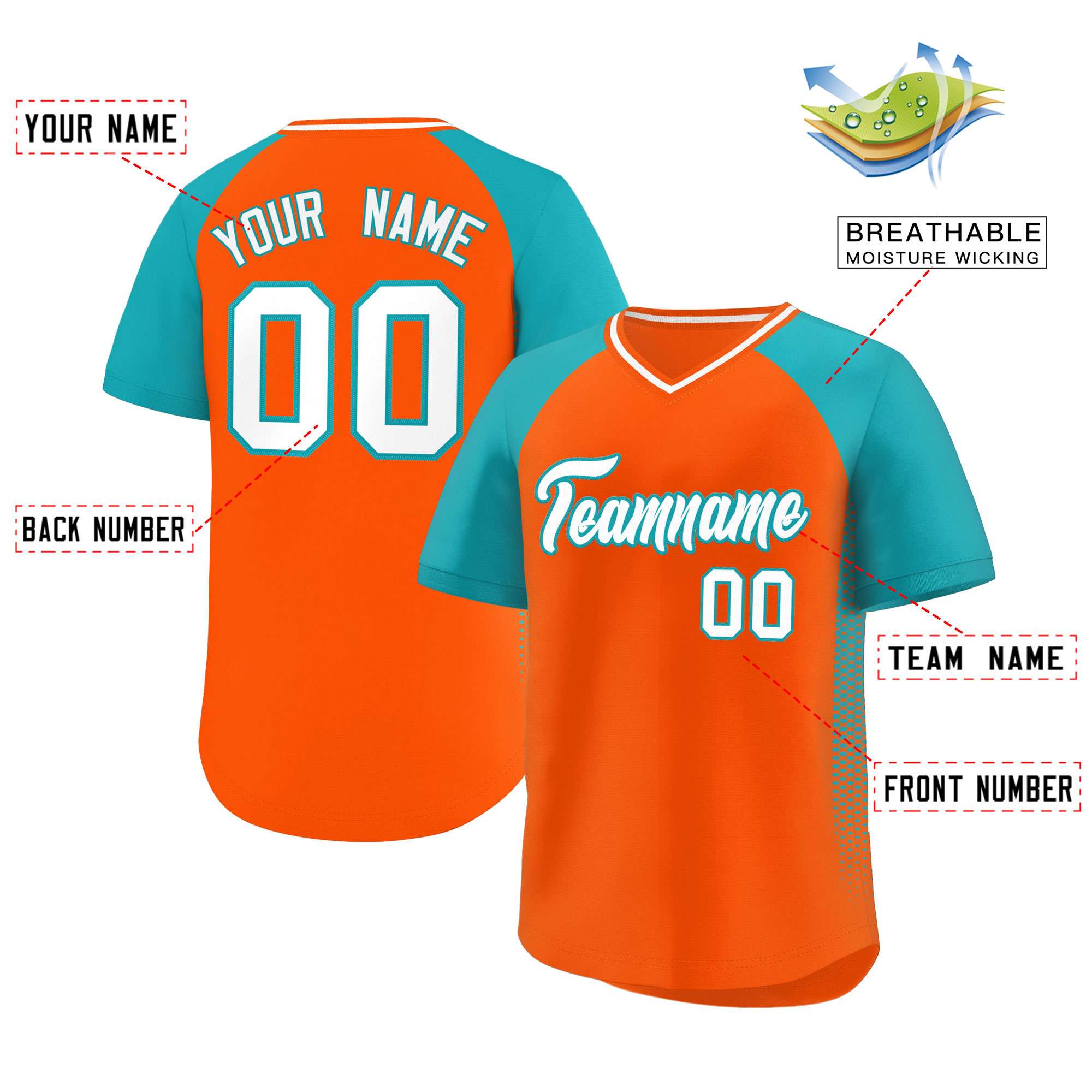 Custom Orange Aqua Raglan Sleeves Side Spot Authentic Pullover Baseball Jersey