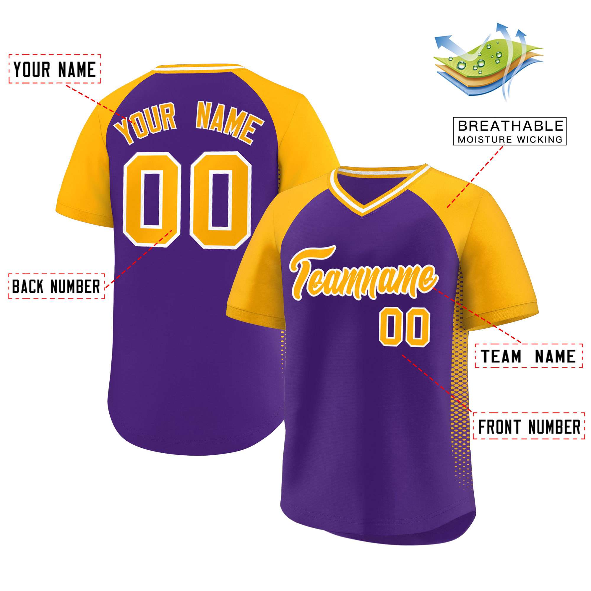 Custom Purple Gold Raglan Sleeves Side Spot Authentic Pullover Baseball Jersey