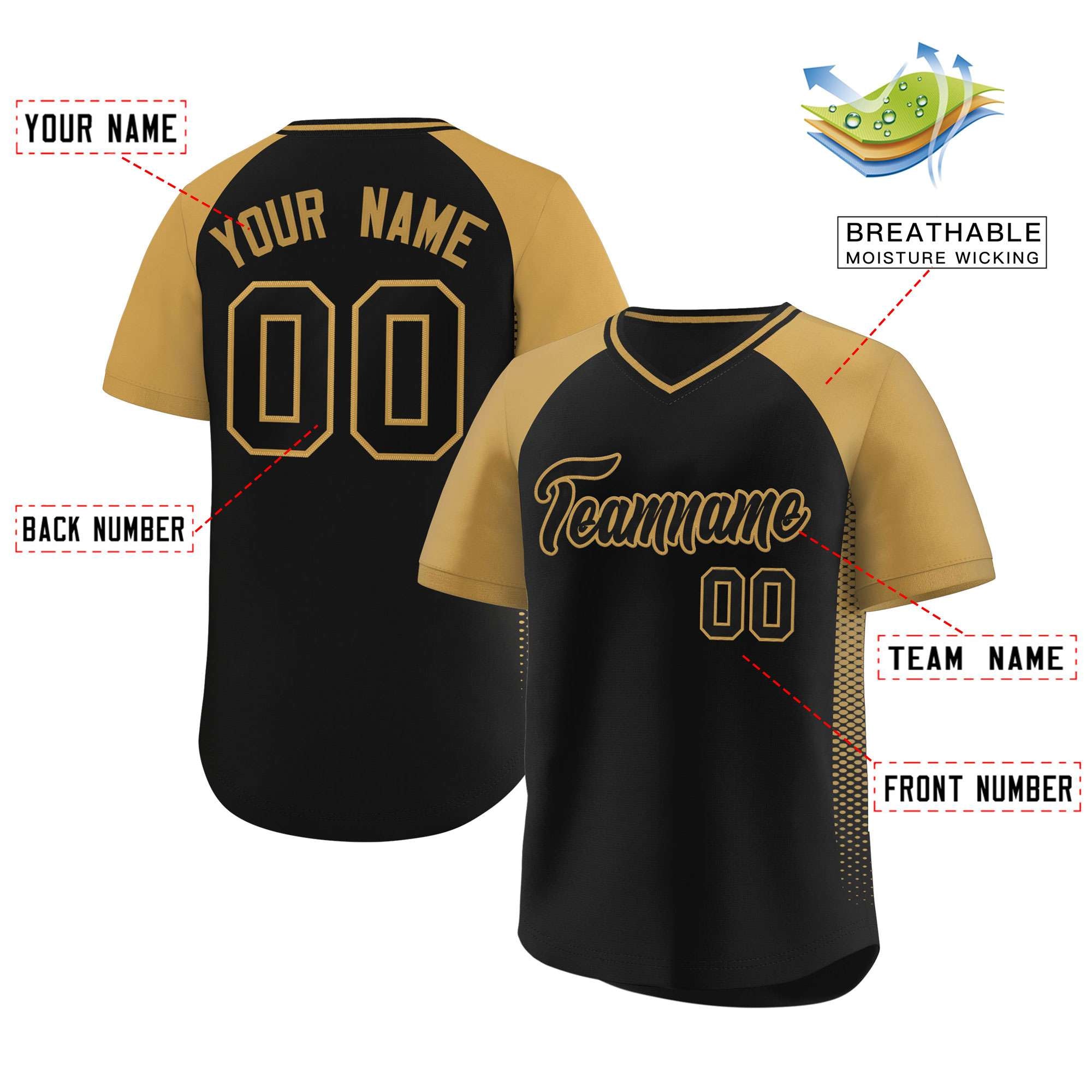 Custom Black Old Gold Raglan Sleeves Side Spot Authentic Pullover Baseball Jersey