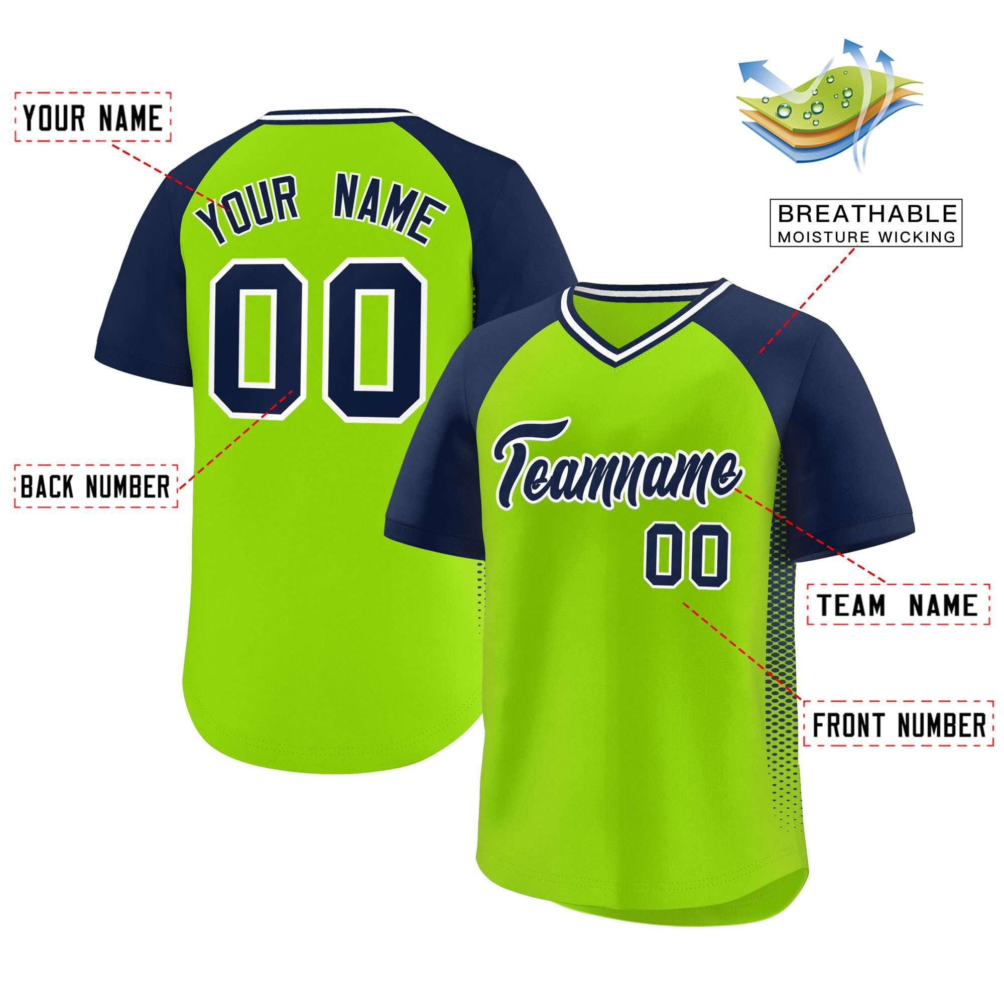 Custom Neon Green Navy Raglan Sleeves Side Spot Authentic Pullover Baseball Jersey