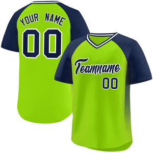 Custom Neon Green Navy Side Spot Raglan Sleeves Authentic Pullover Baseball Jersey