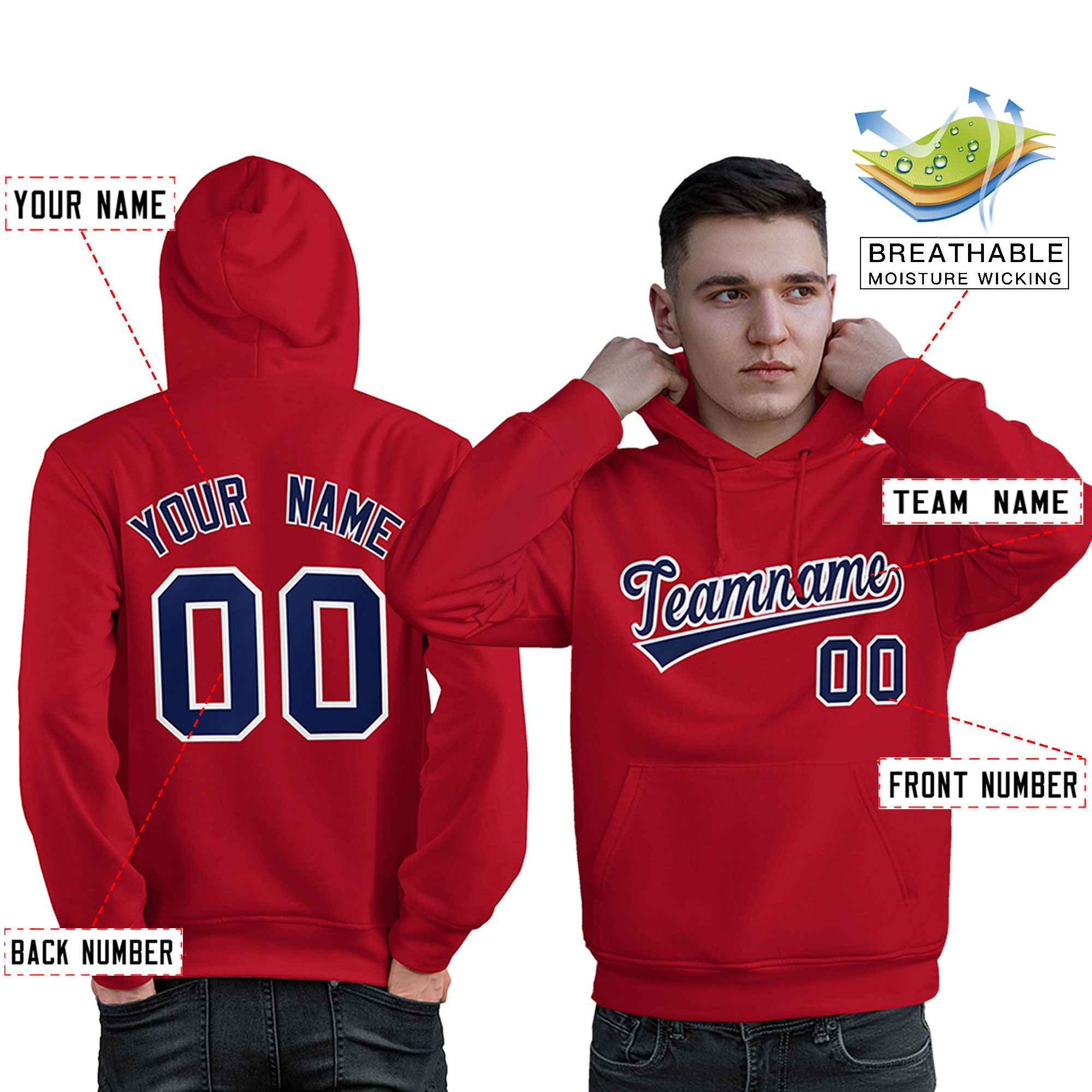 Custom Red Navy-White Classic Style Personalized Sport Pullover Hoodie