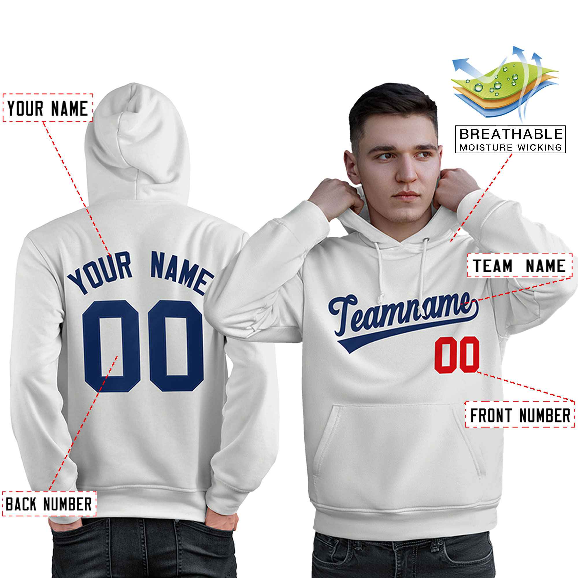 Custom White Navy-Red Classic Style Personalized Sport Pullover Hoodie