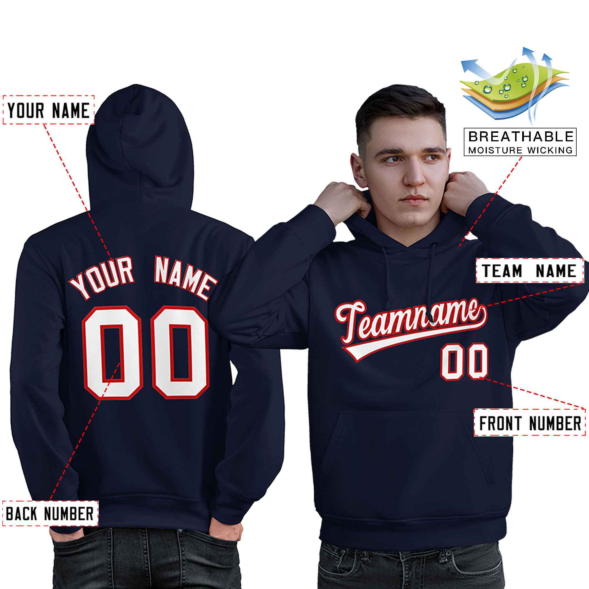 Custom Navy Red-White Classic Style Personalized Sport Pullover Hoodie