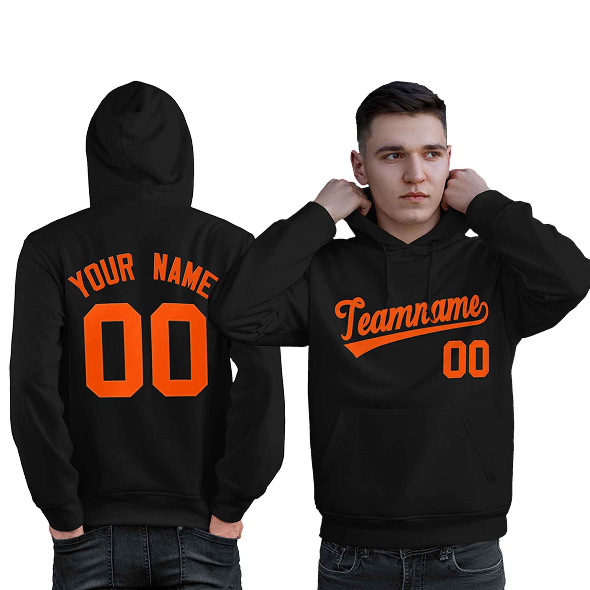 Custom Black Orange Classic Style Personalized Sport Pullover Hoodie