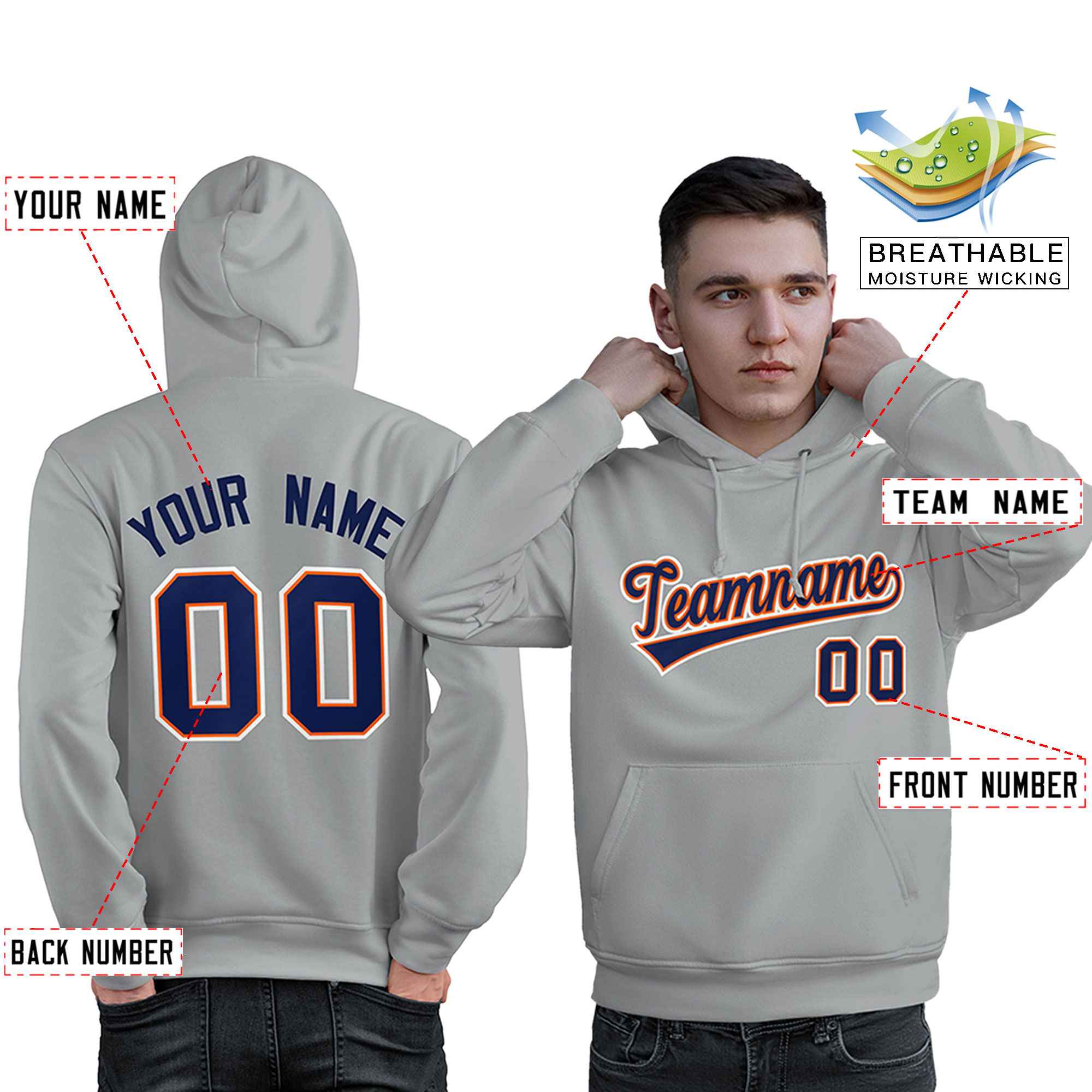 Custom Gray Royal-Orange Classic Style Personalized Sport Pullover Hoodie