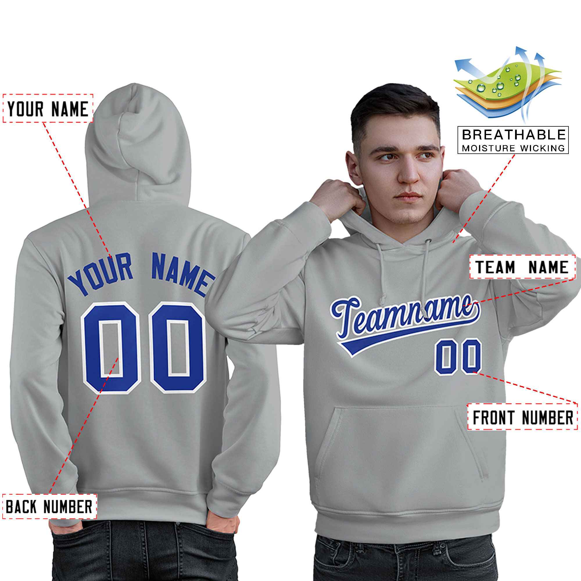 Custom Gray Royal-White Classic Style Personalized Sport Pullover Hoodie