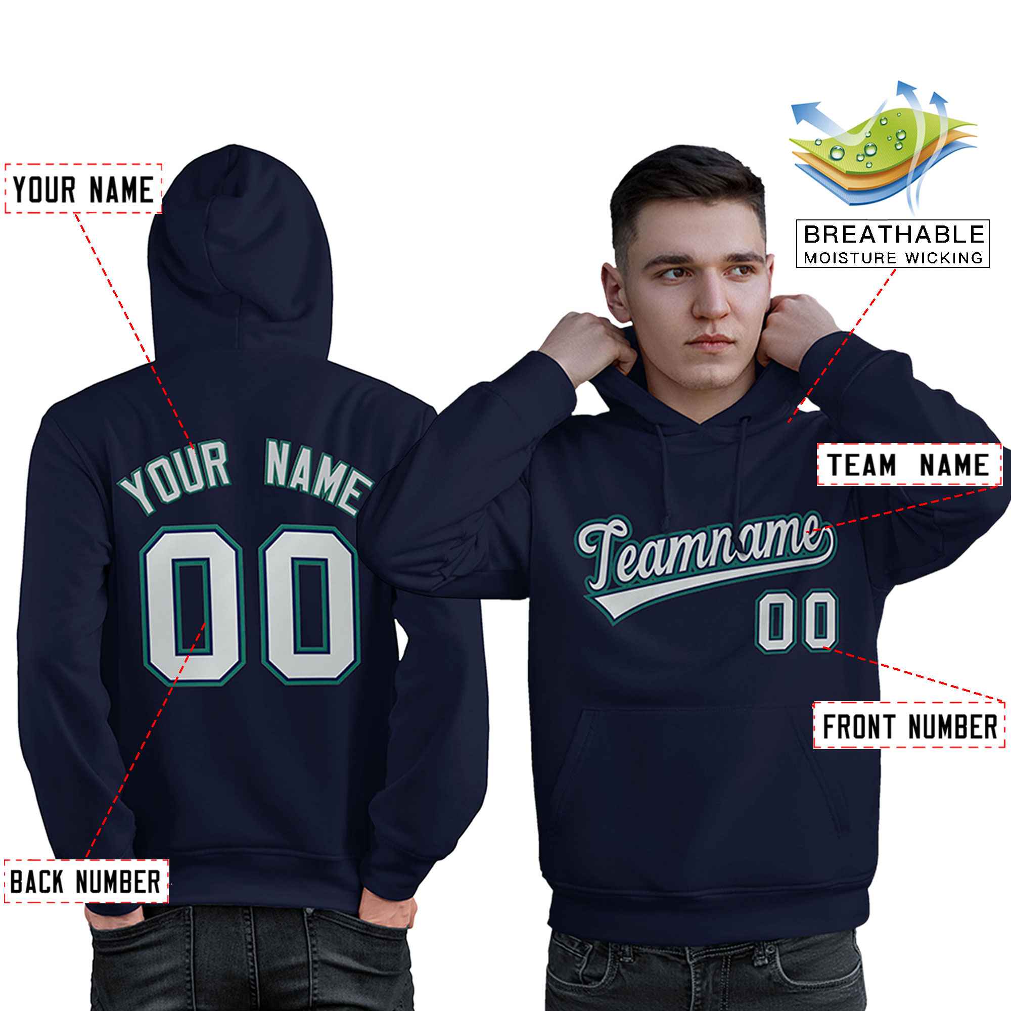 Custom Navy Gray-Aqua Classic Style Personalized Sport Pullover Hoodie