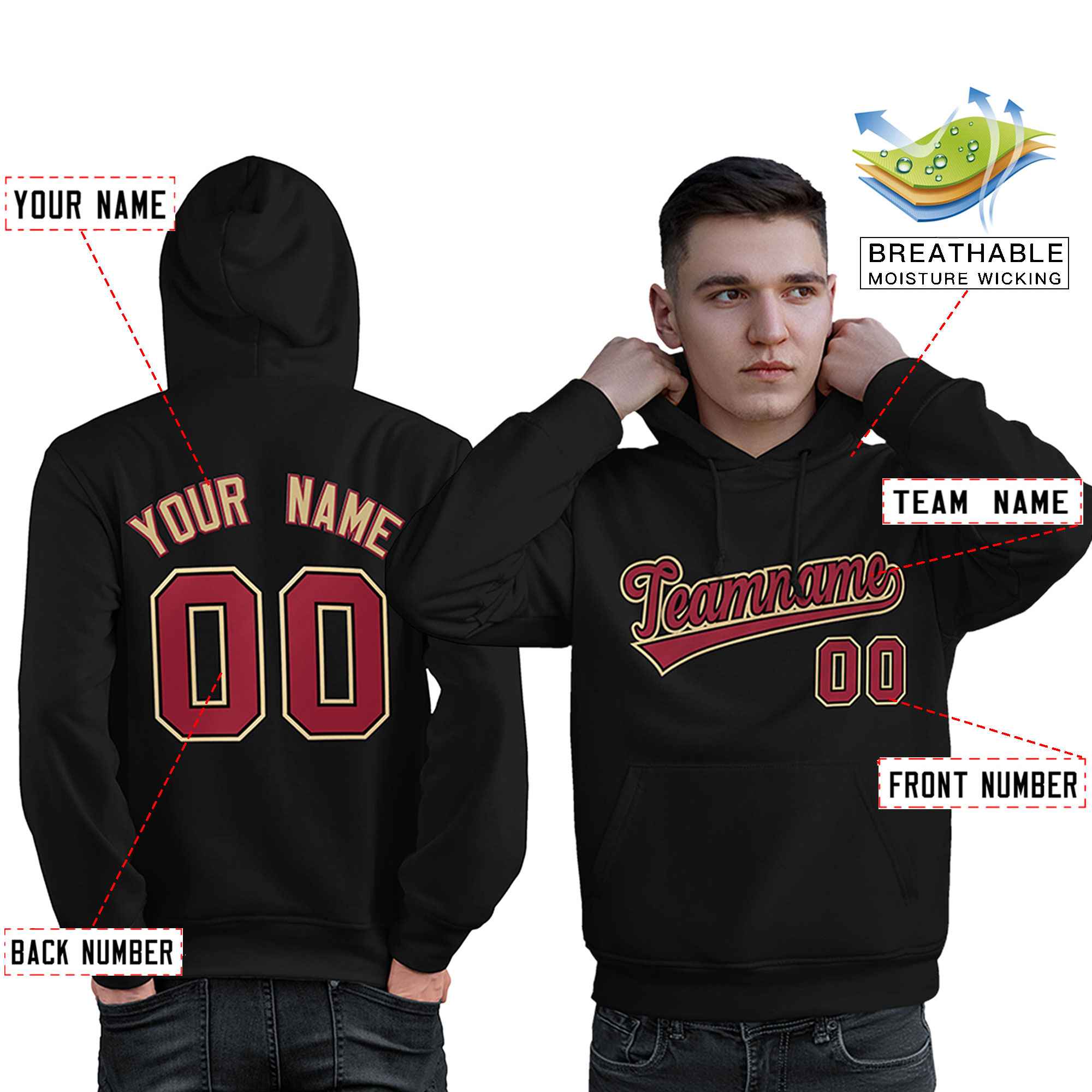 Custom Black Old Gold-Cardinal Classic Style Personalized Sport Pullover Hoodie