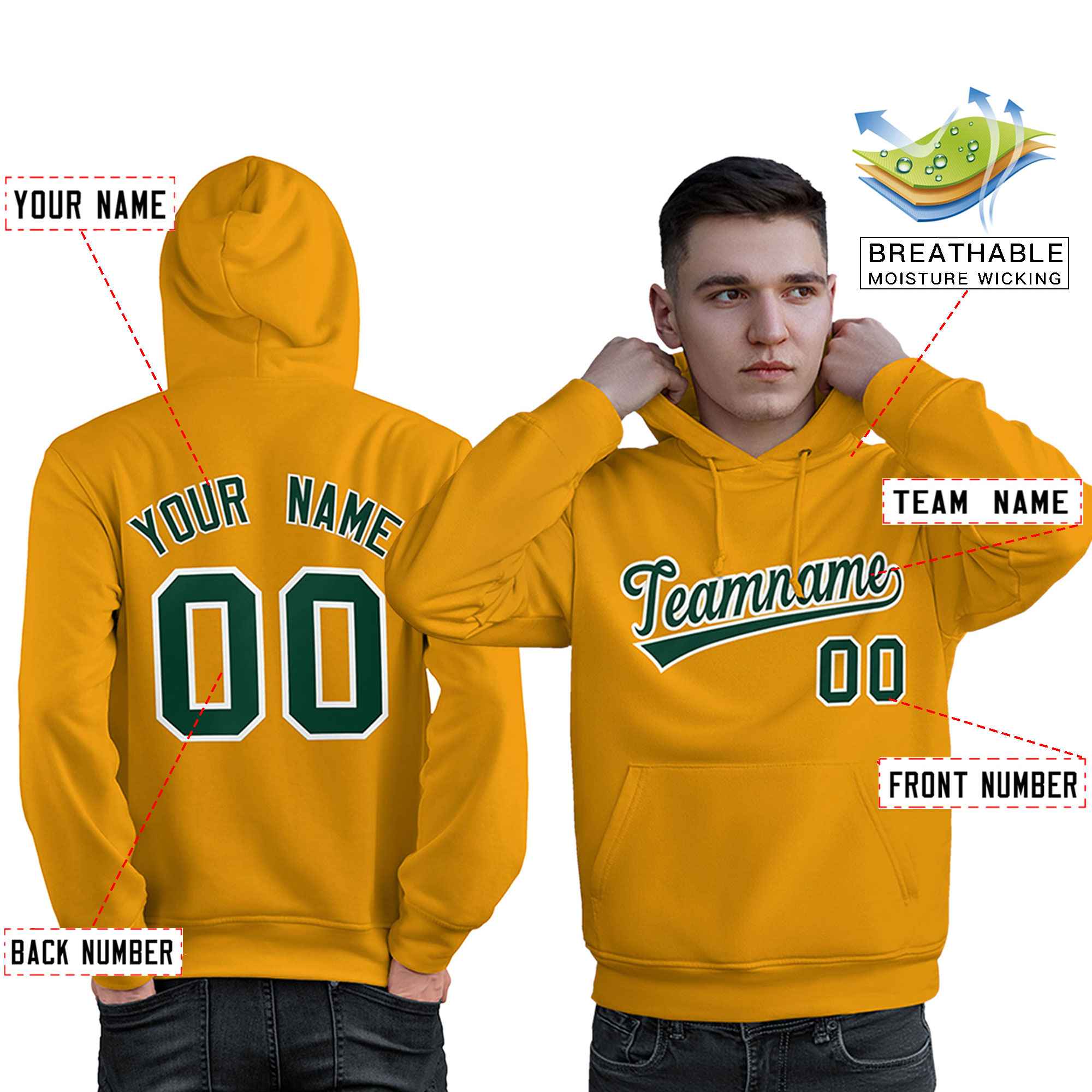 Custom Gold Kelly Green-White Classic Style Personalized Sport Pullover Hoodie