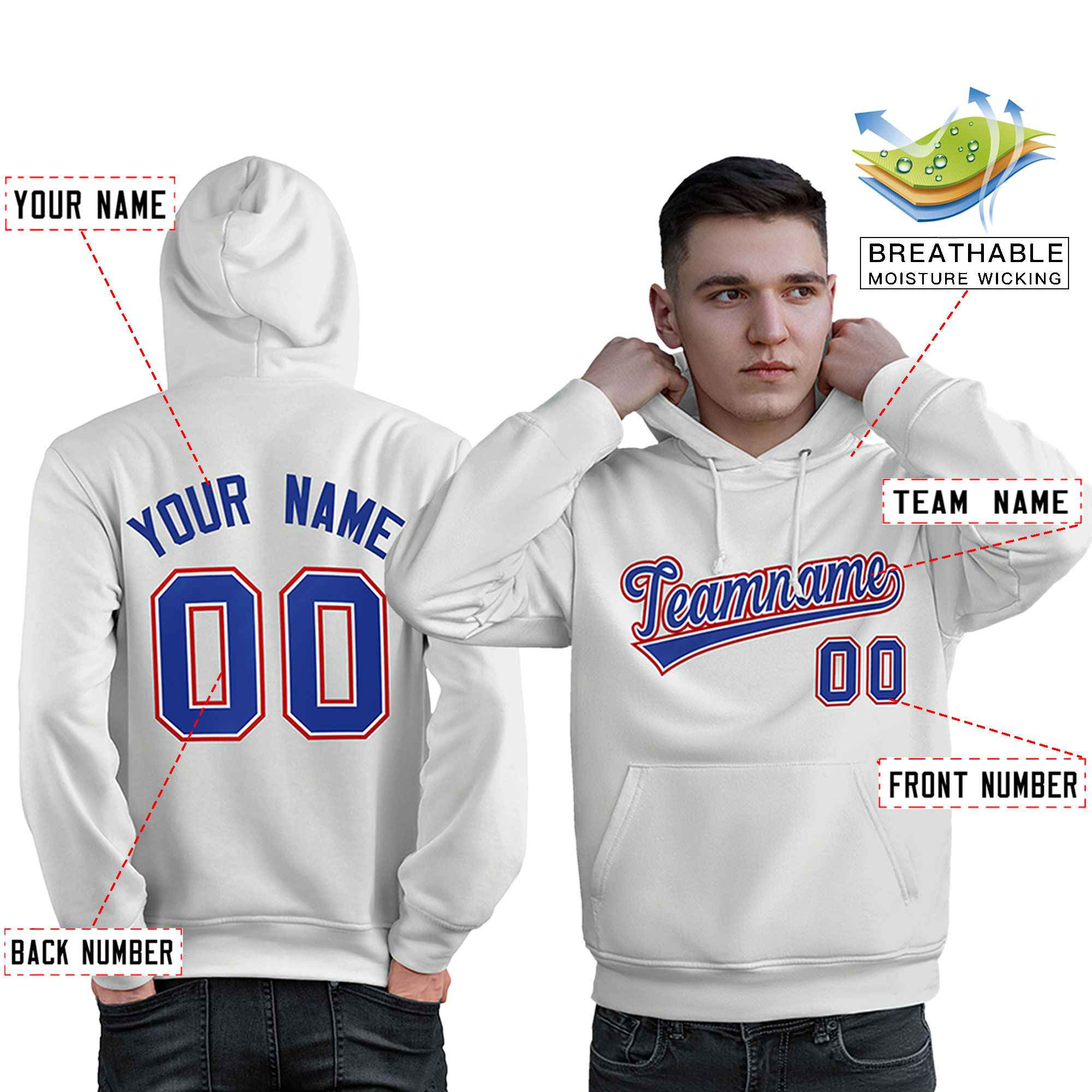 Custom White Royal-Red Classic Style Personalized Sport Pullover Hoodie