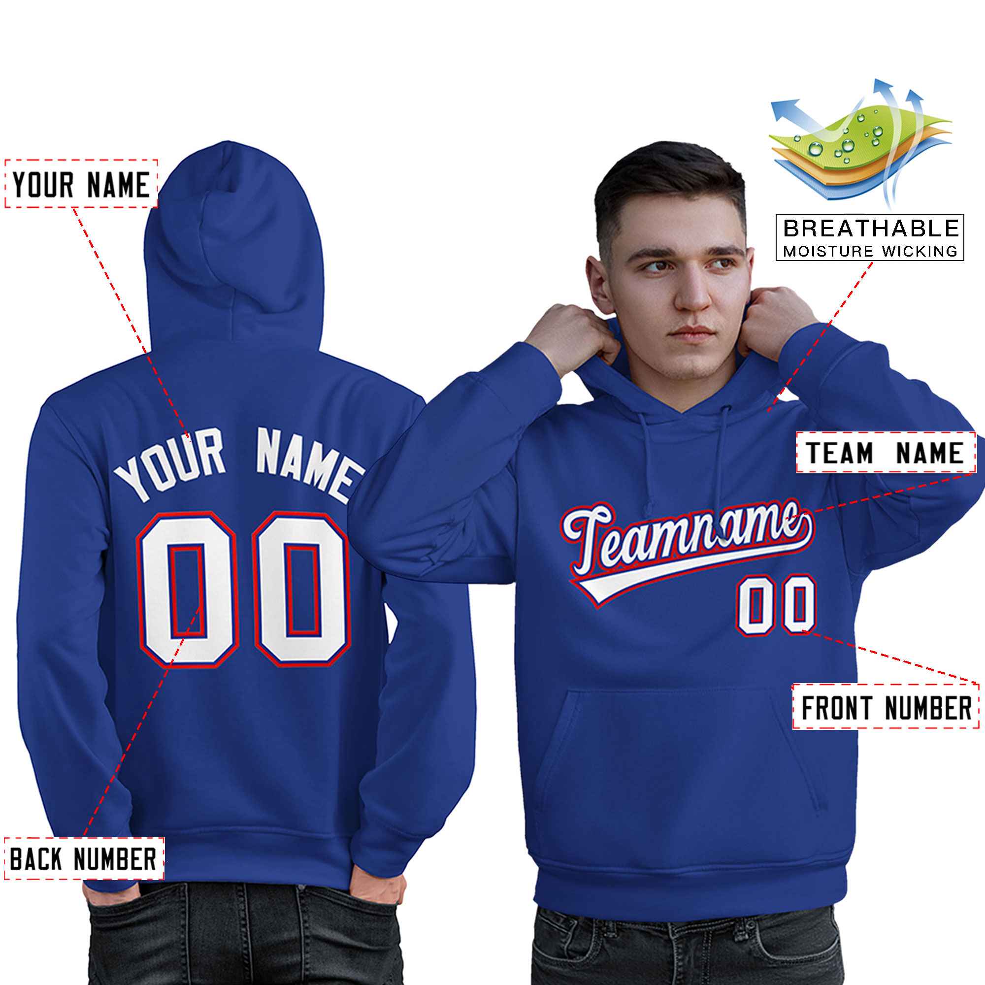 Custom Royal White-Red Classic Style Personalized Sport Pullover Hoodie