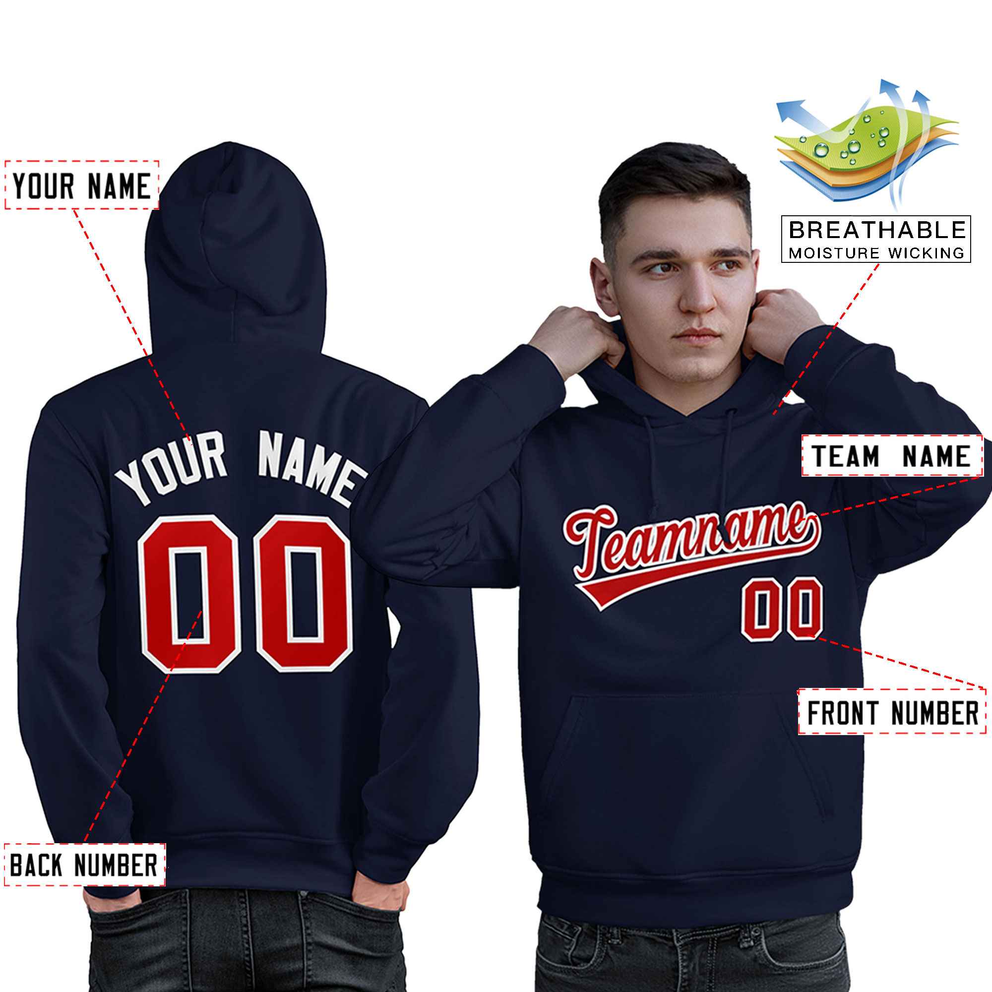 Custom Navy Red-White Classic Style Personalized Sport Pullover Hoodie