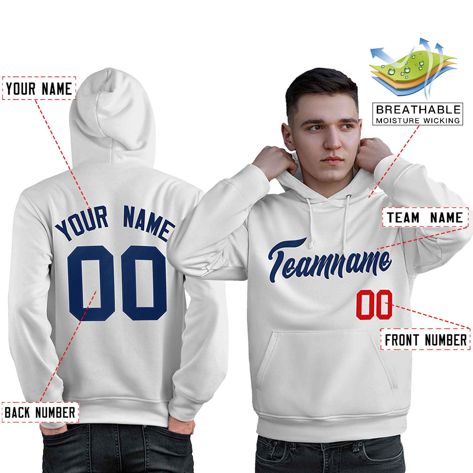 Custom White Navy-Red Classic Style Personalized Sport Pullover Hoodie