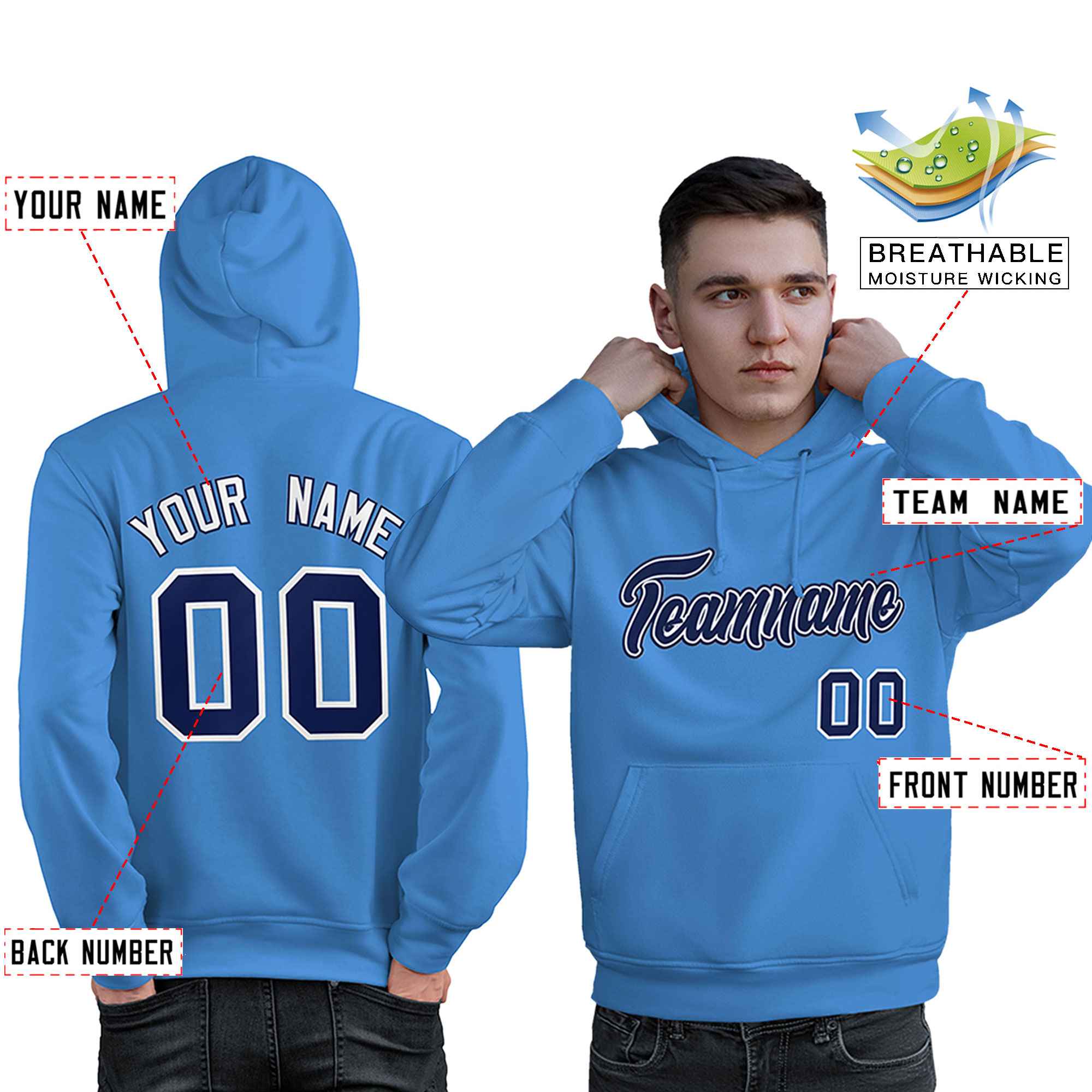 Custom Light Blue Royal-White Classic Style Personalized Sport Pullover Hoodie