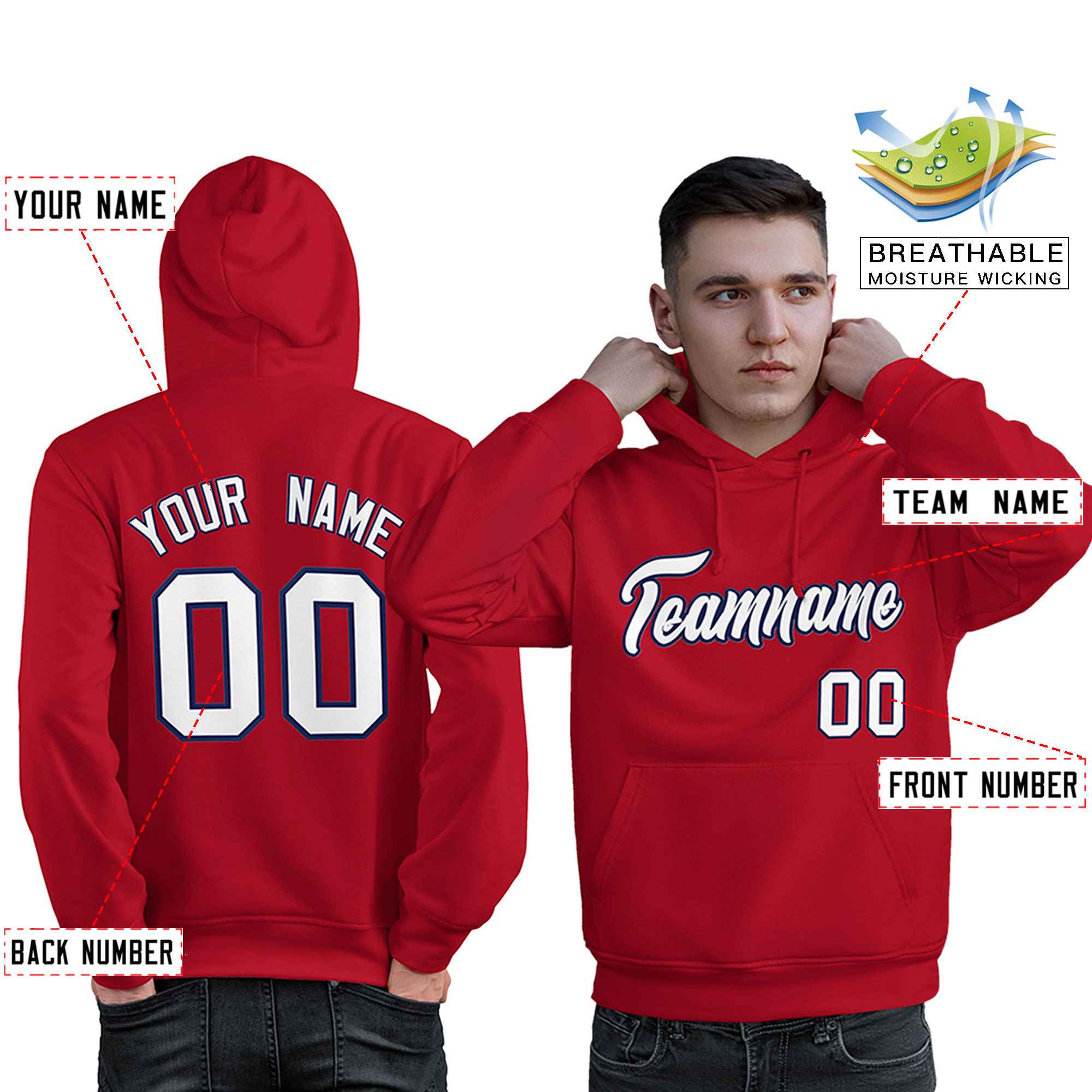 Custom Red Navy-White Classic Style Personalized Sport Pullover Hoodie