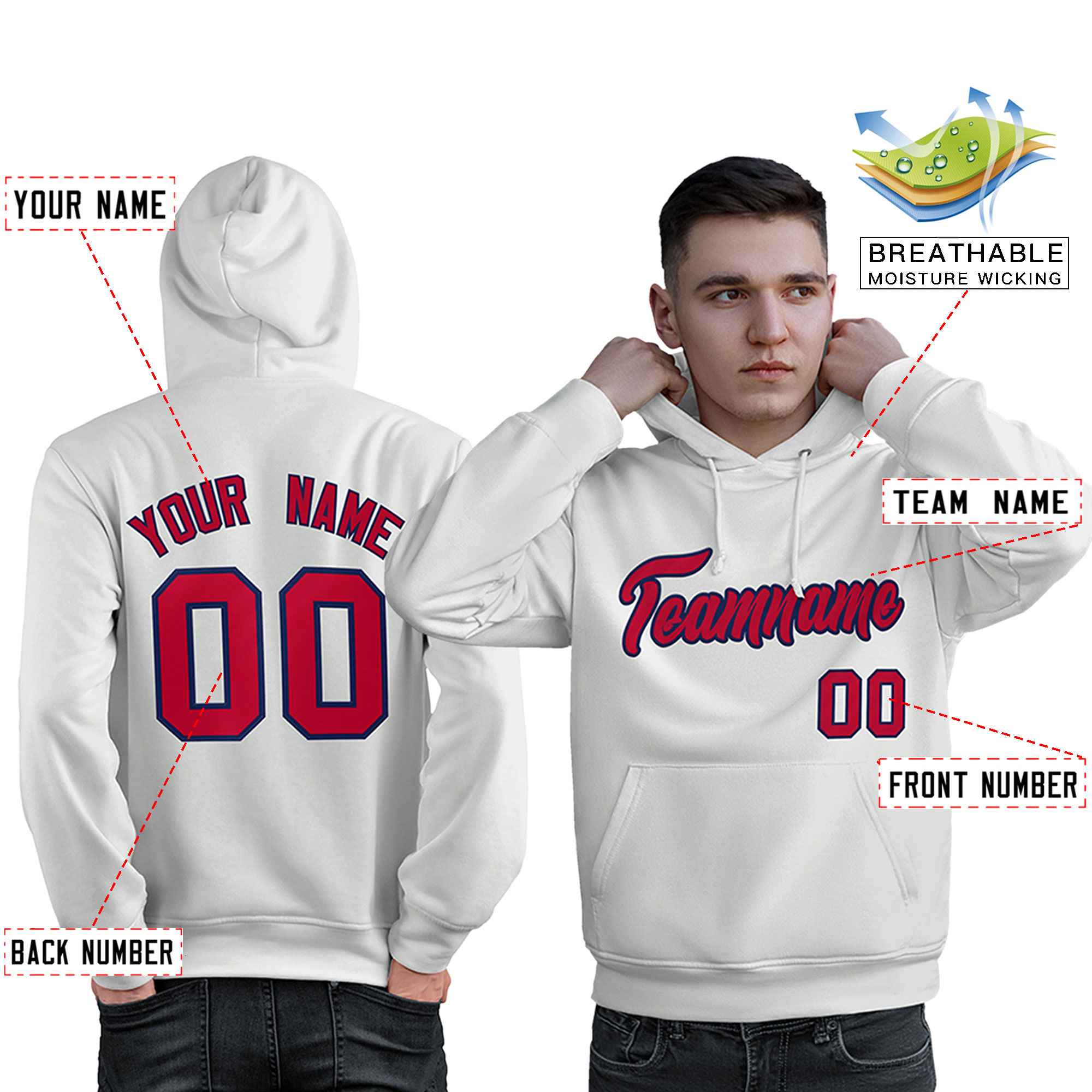 Custom White Red-Navy Classic Style Personalized Sport Pullover Hoodie