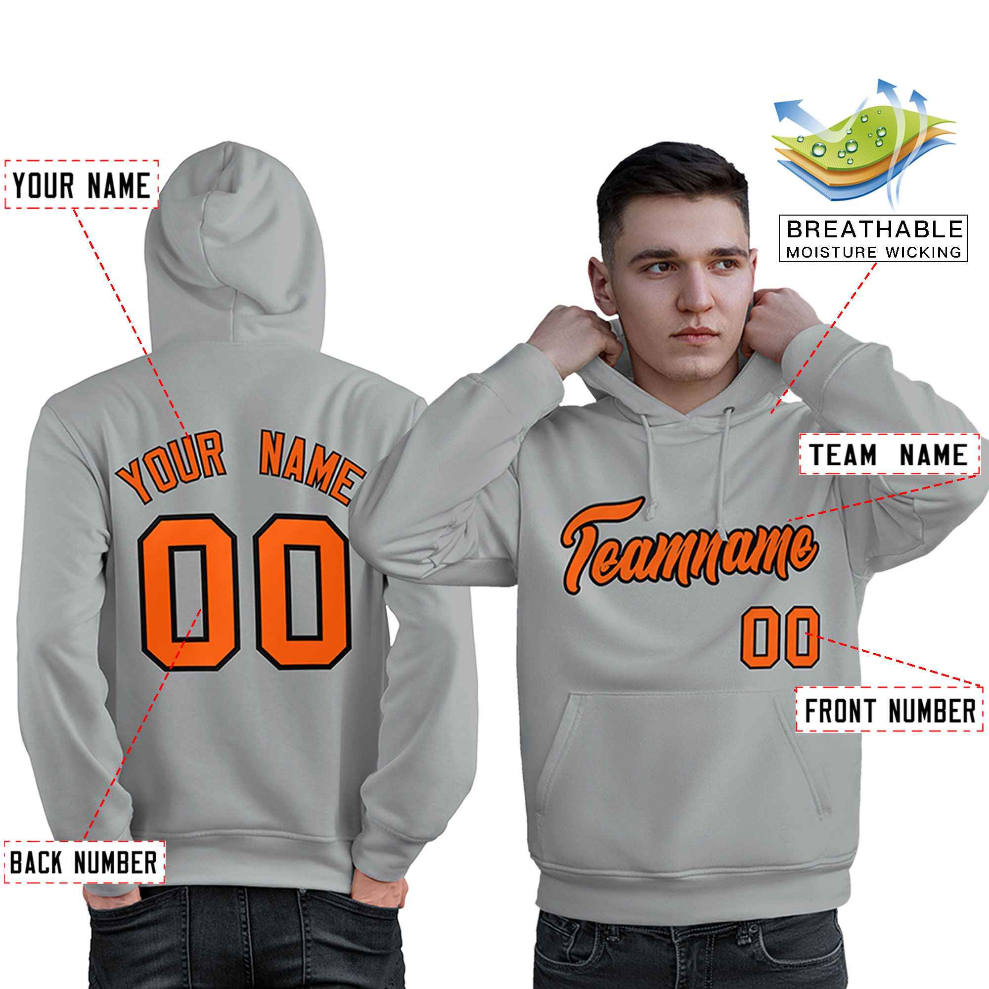 Custom Gray Orange-Black Classic Style Personalized Sport Pullover Hoodie