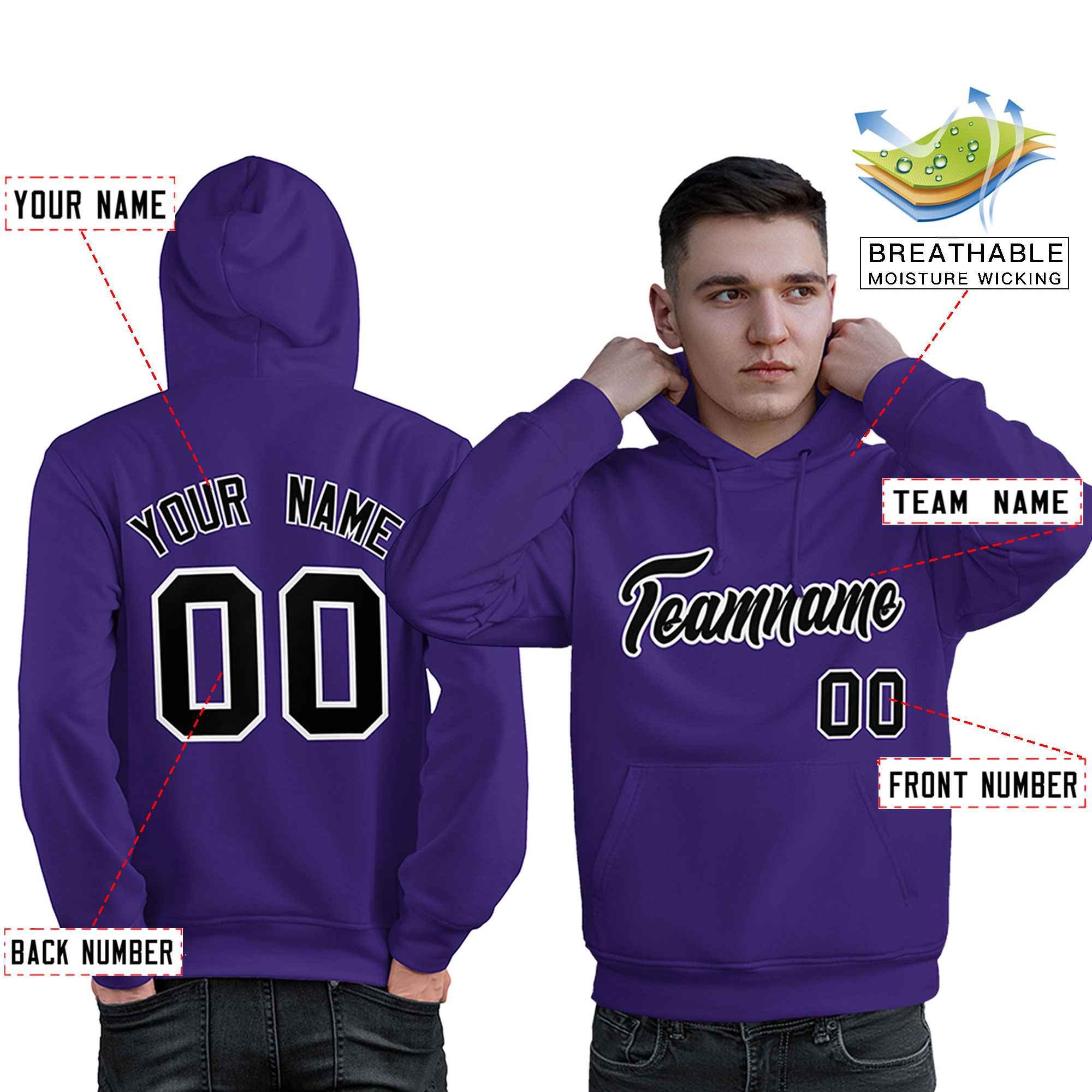 Custom Purple Black-White Classic Style Personalized Sport Pullover Hoodie