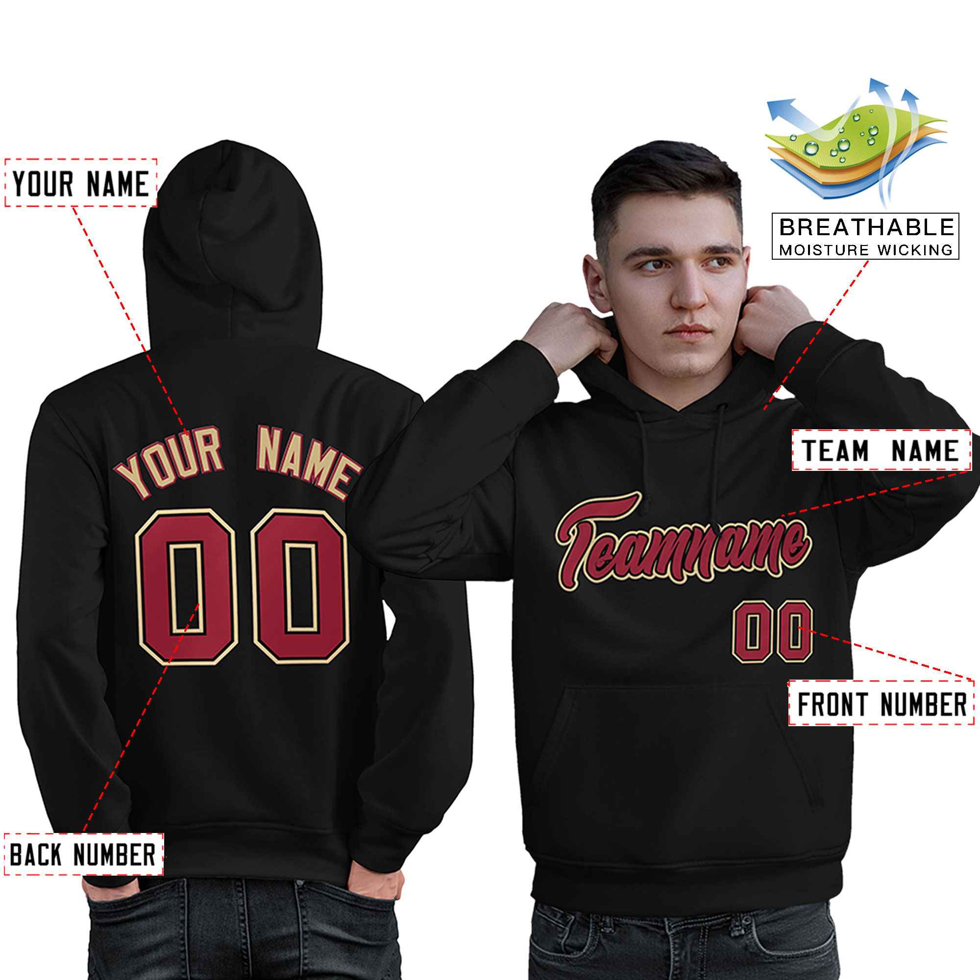 Custom Black Old Gold-Cardinal Classic Style Personalized Sport Pullover Hoodie