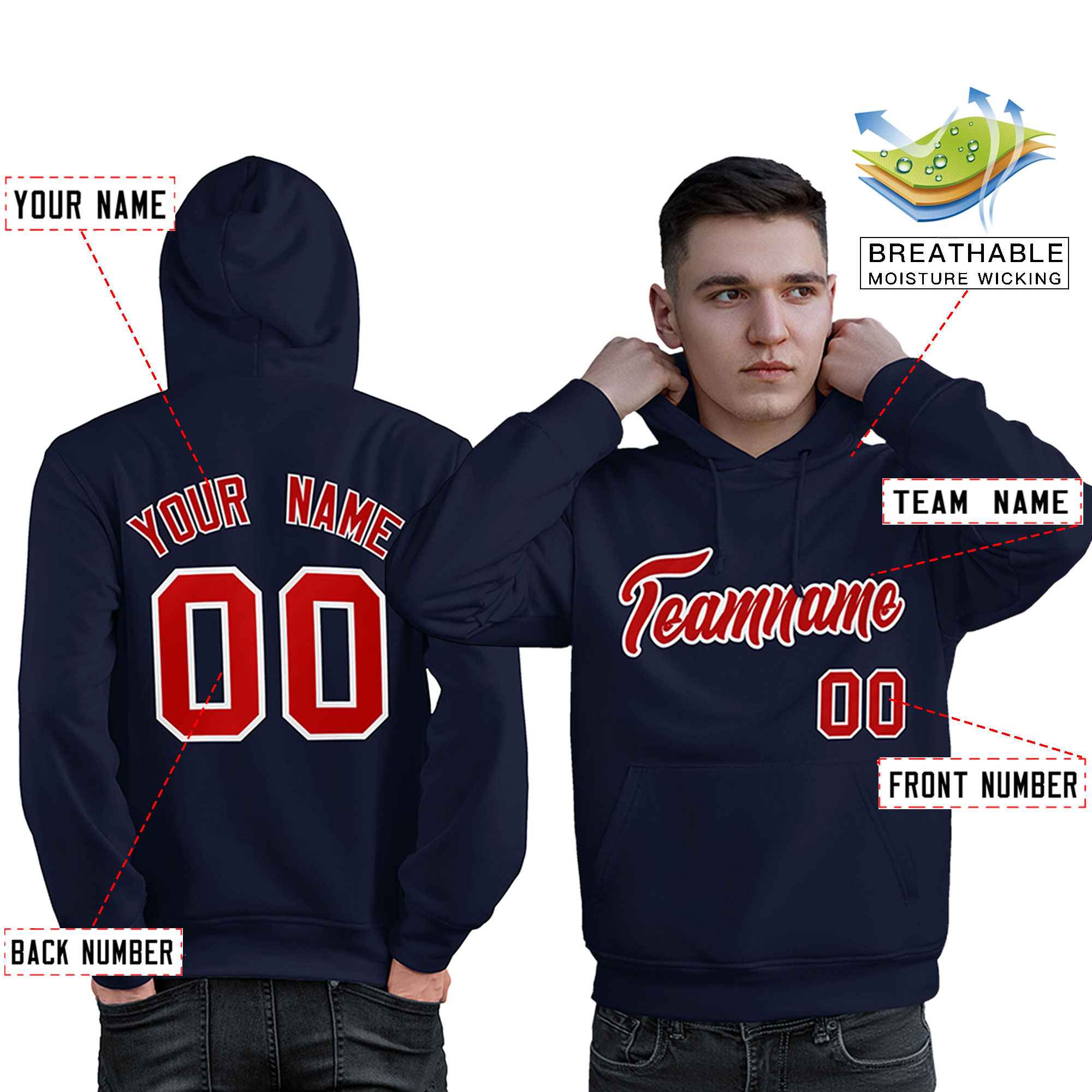 Custom Navy Red-White Classic Style Personalized Sport Pullover Hoodie