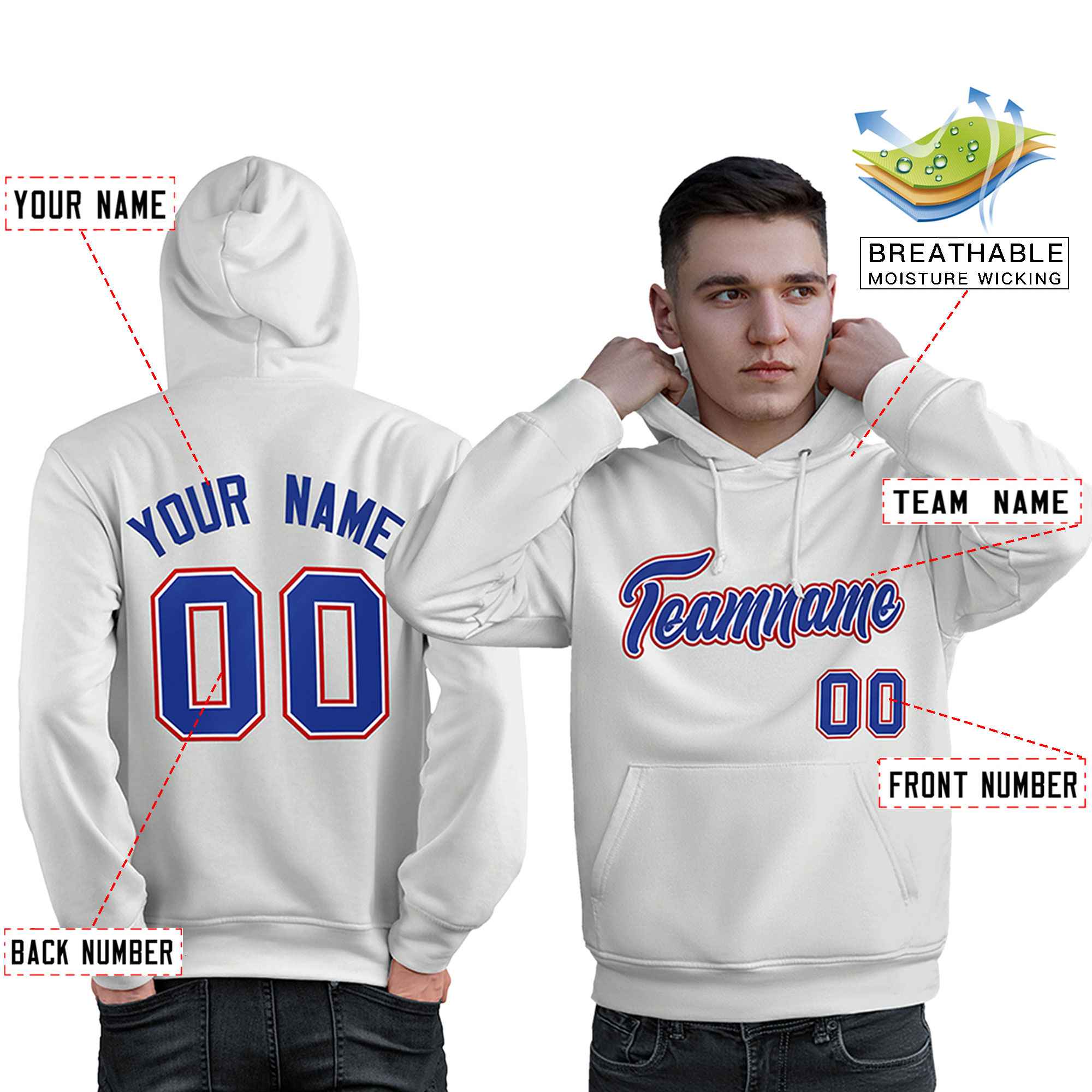 Custom White Royal-Red Classic Style Personalized Sport Pullover Hoodie