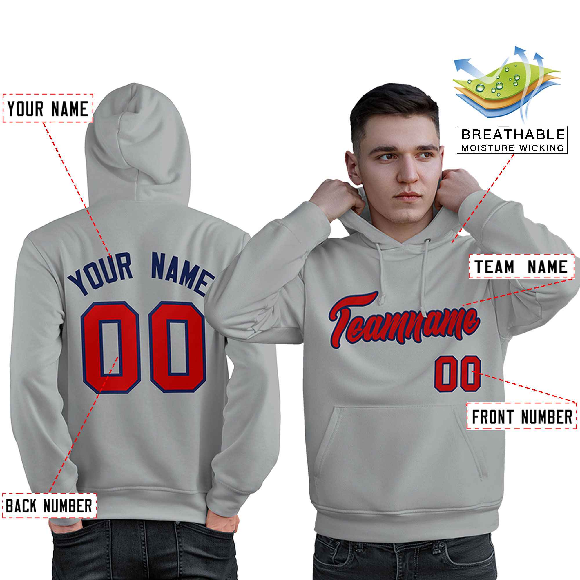 Custom Gray Red-Royal Classic Style Personalized Sport Pullover Hoodie