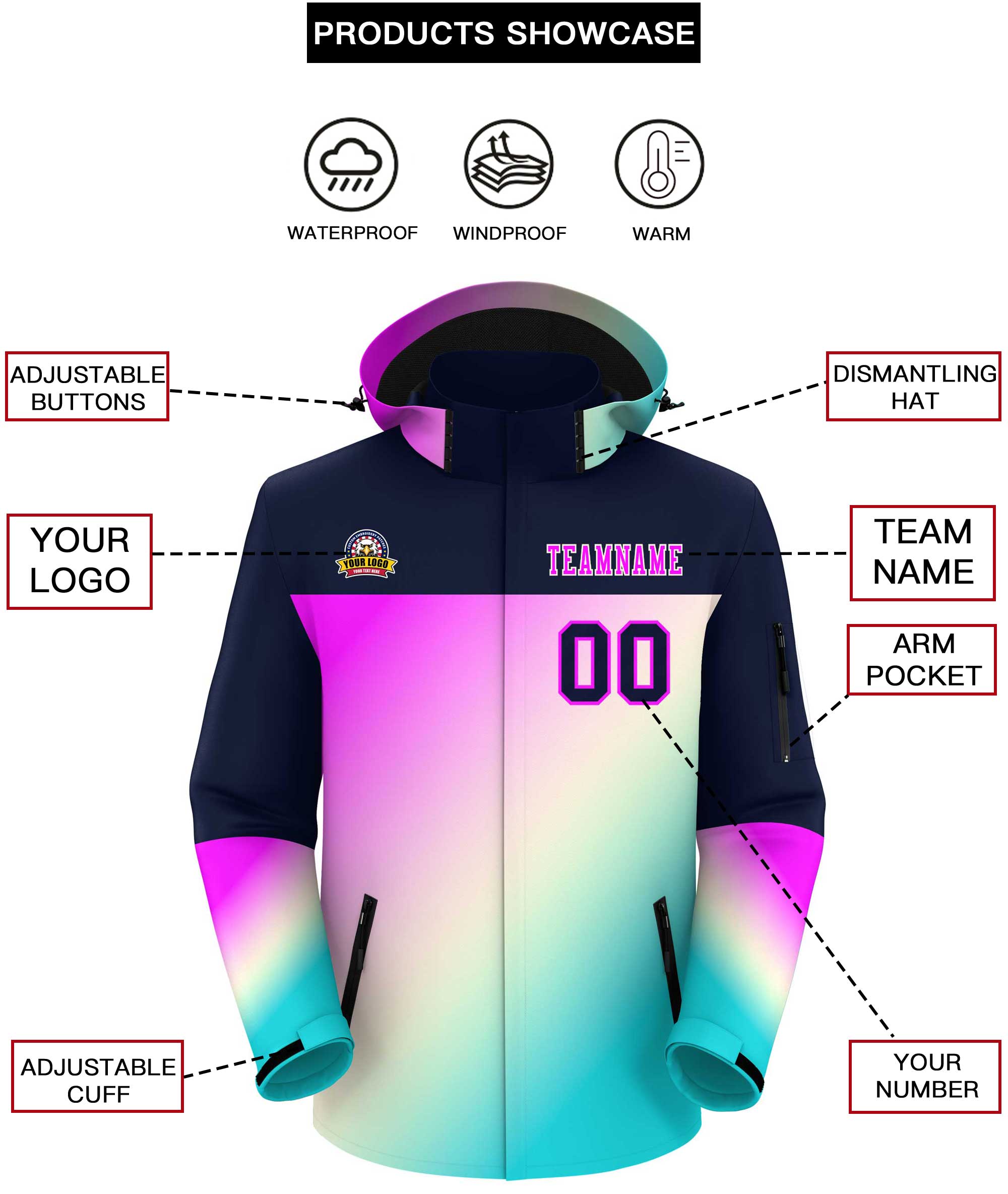 Custom Navy Rose Red-Sky Blue Gradient Fashion Personalized Outdoor Hooded Waterproof Jacket