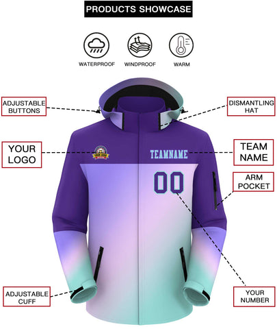 Custom Purple Light Blue-Light Purple Gradient Fashion Personalized Outdoor Hooded Waterproof Jacket