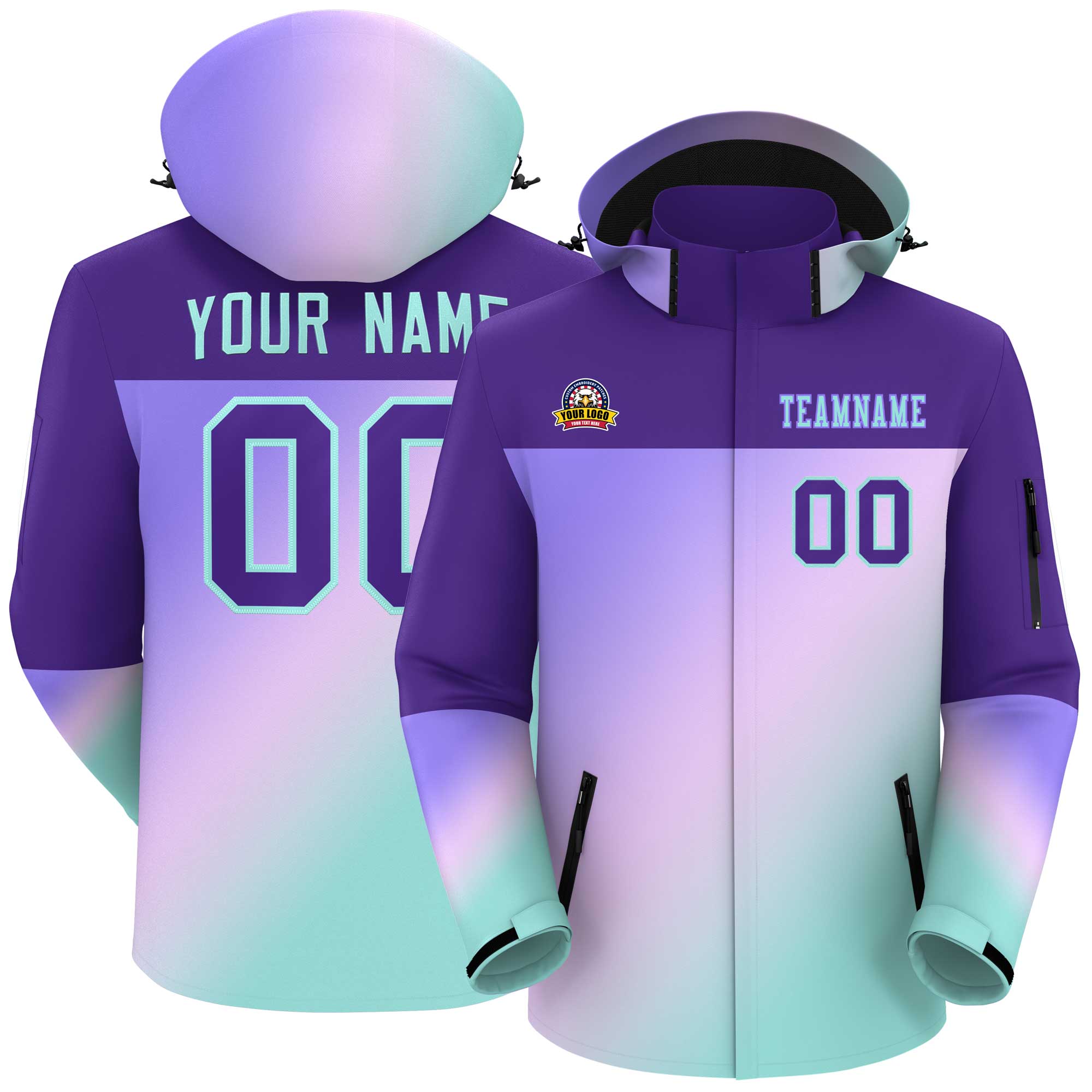 Custom Purple Light Blue-Light Purple Gradient Fashion Personalized Outdoor Hooded Waterproof Jacket