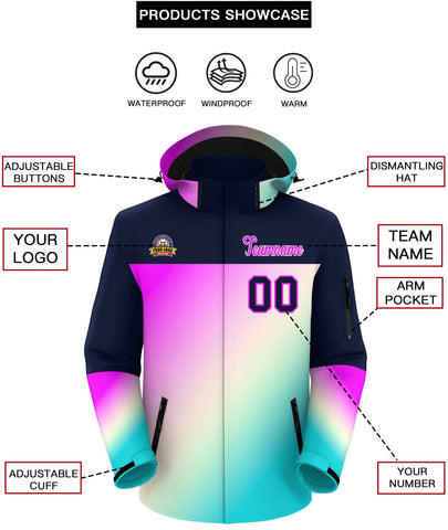 Custom Navy Rose Red-Sky Blue Gradient Fashion Personalized Outdoor Hooded Waterproof Jacket