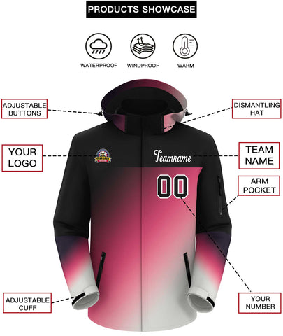 Custom Black Pink-White Gradient Fashion Personalized Outdoor Hooded Waterproof Jacket