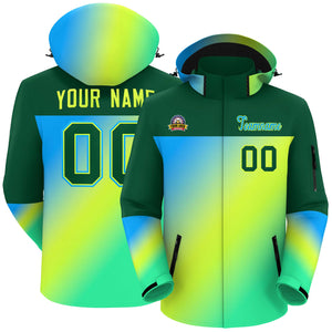 Custom Green Powder Blue-Neon Green Gradient Fashion Personalized Outdoor Hooded Waterproof Jacket